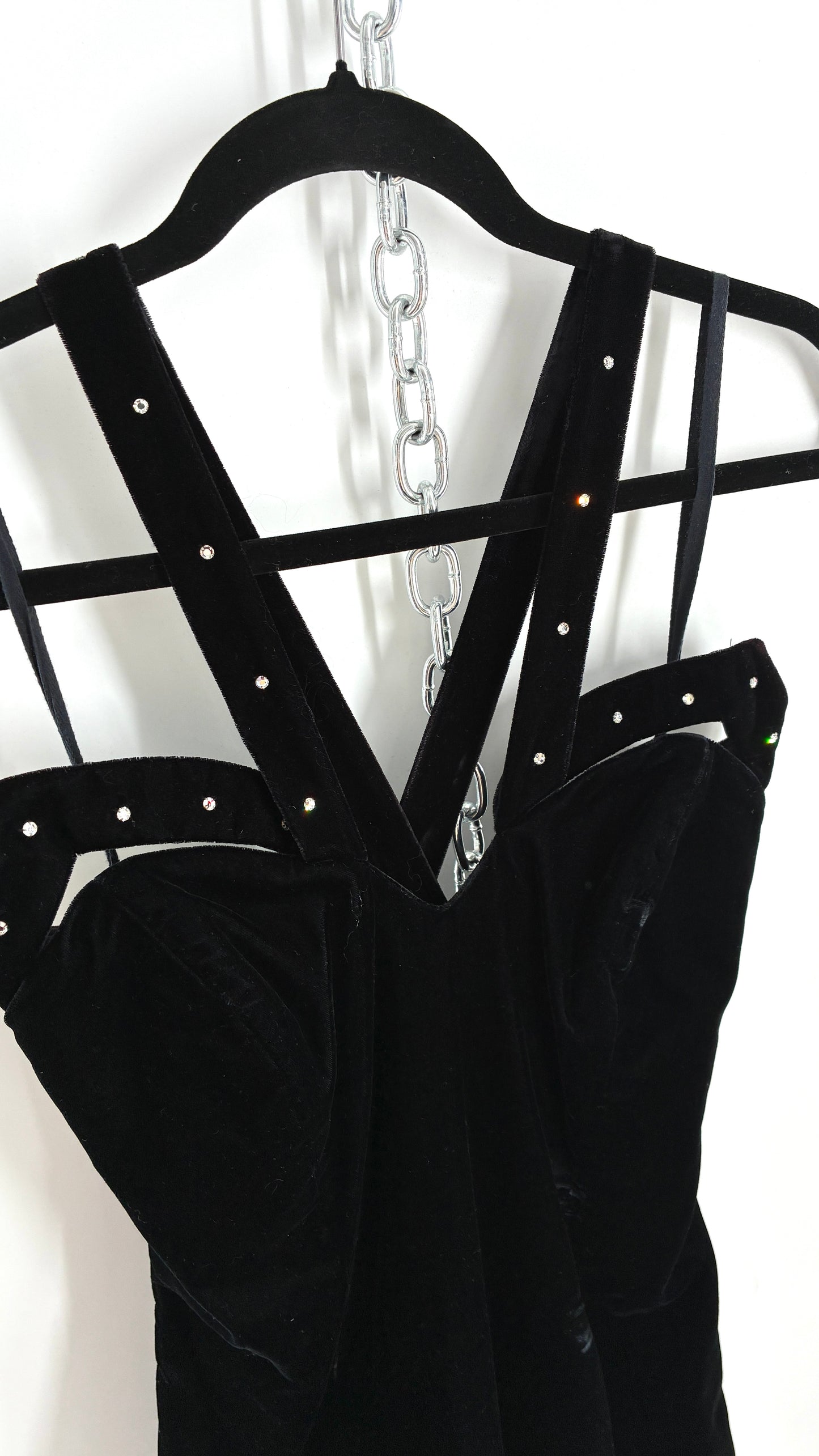Vintage Handmade Velvet Gown with Pointed Bust Lined in Rhinestones and Dramatic Side Slit (S/M)