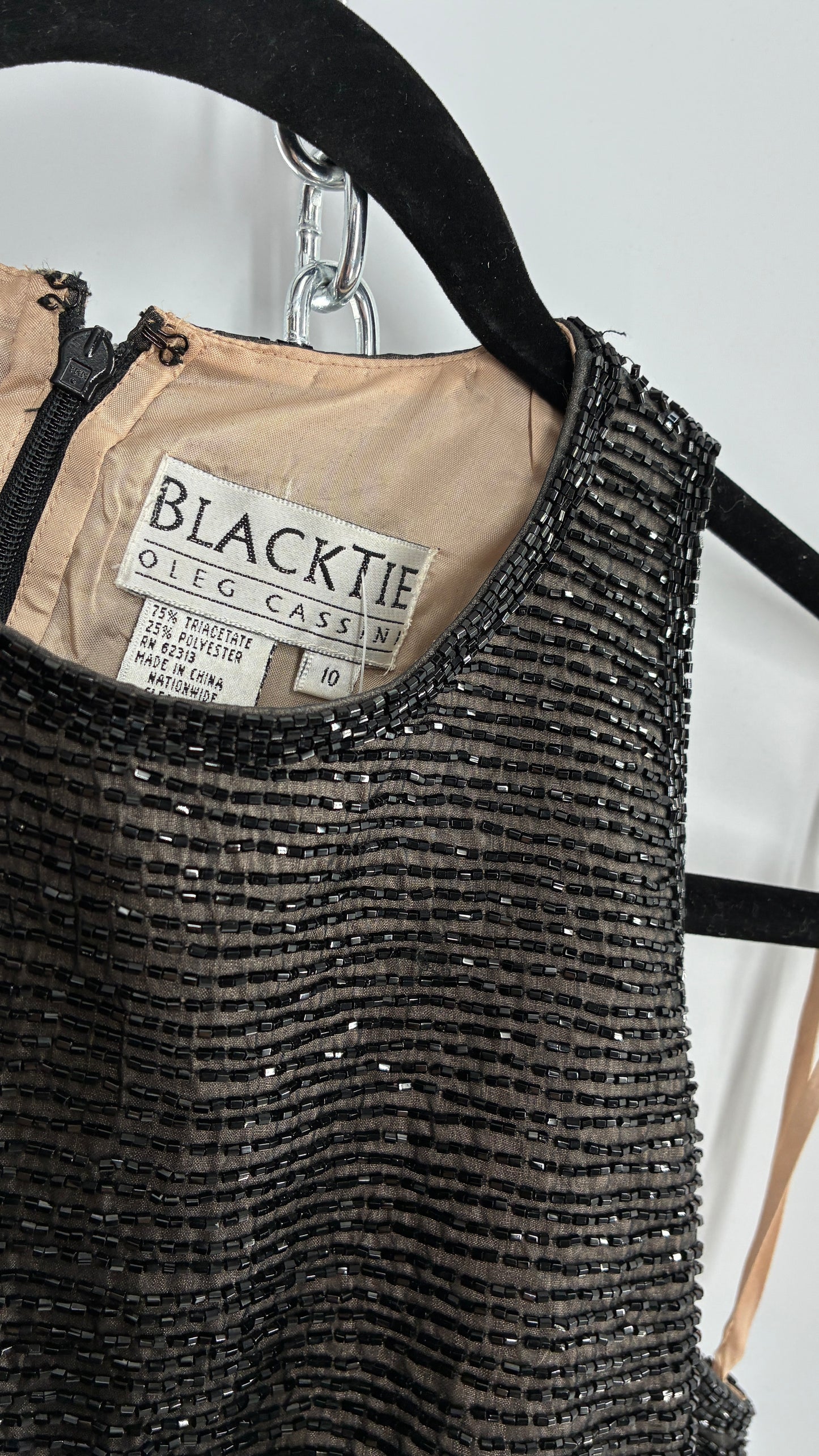 Deadstock Vintage BLACKTIE Oleg Classini Black and Nude Beaded Bodice Dress (10)