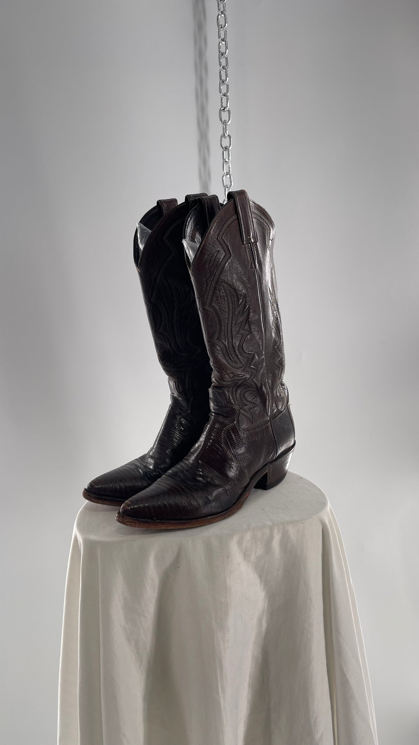 Vintage JUSTIN Dark Brown Leather/Lizard Pointed Toe Cowboy Boots Worn In (7.5)