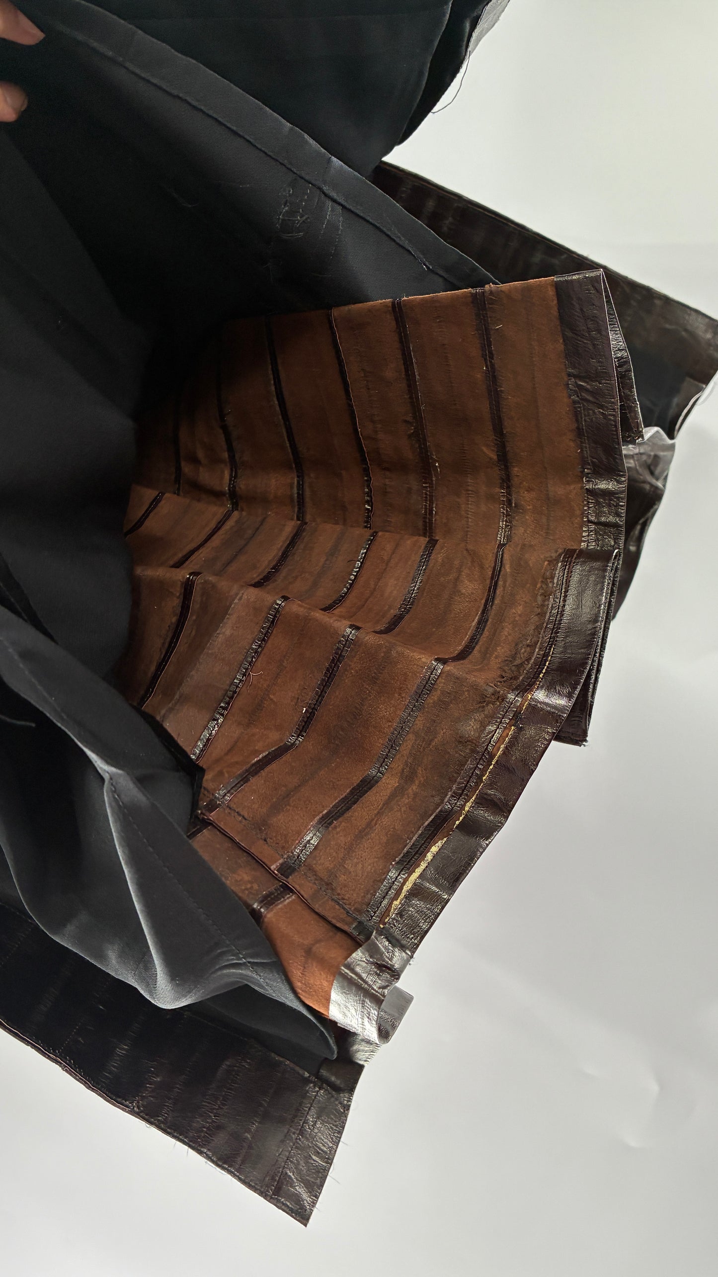 Vintage Handmade Pleated Dark Brown Genuine Leather Patchwork Skirt (XS)
