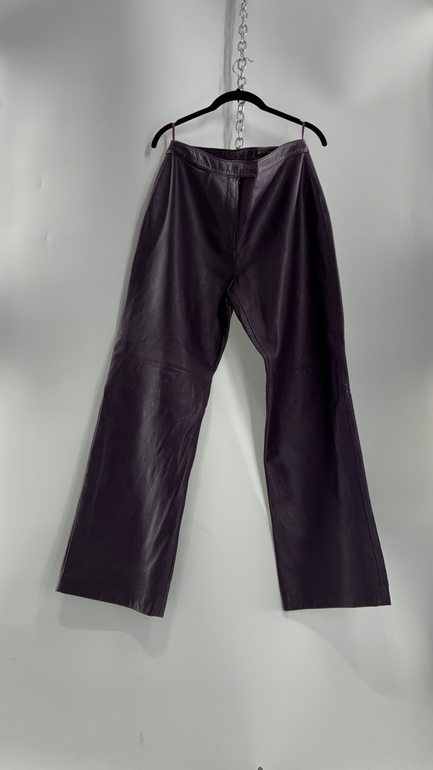 Vintage SHIN CHOI Genuine Italian Leather Purple Side Closure Low Rise Pants (12)