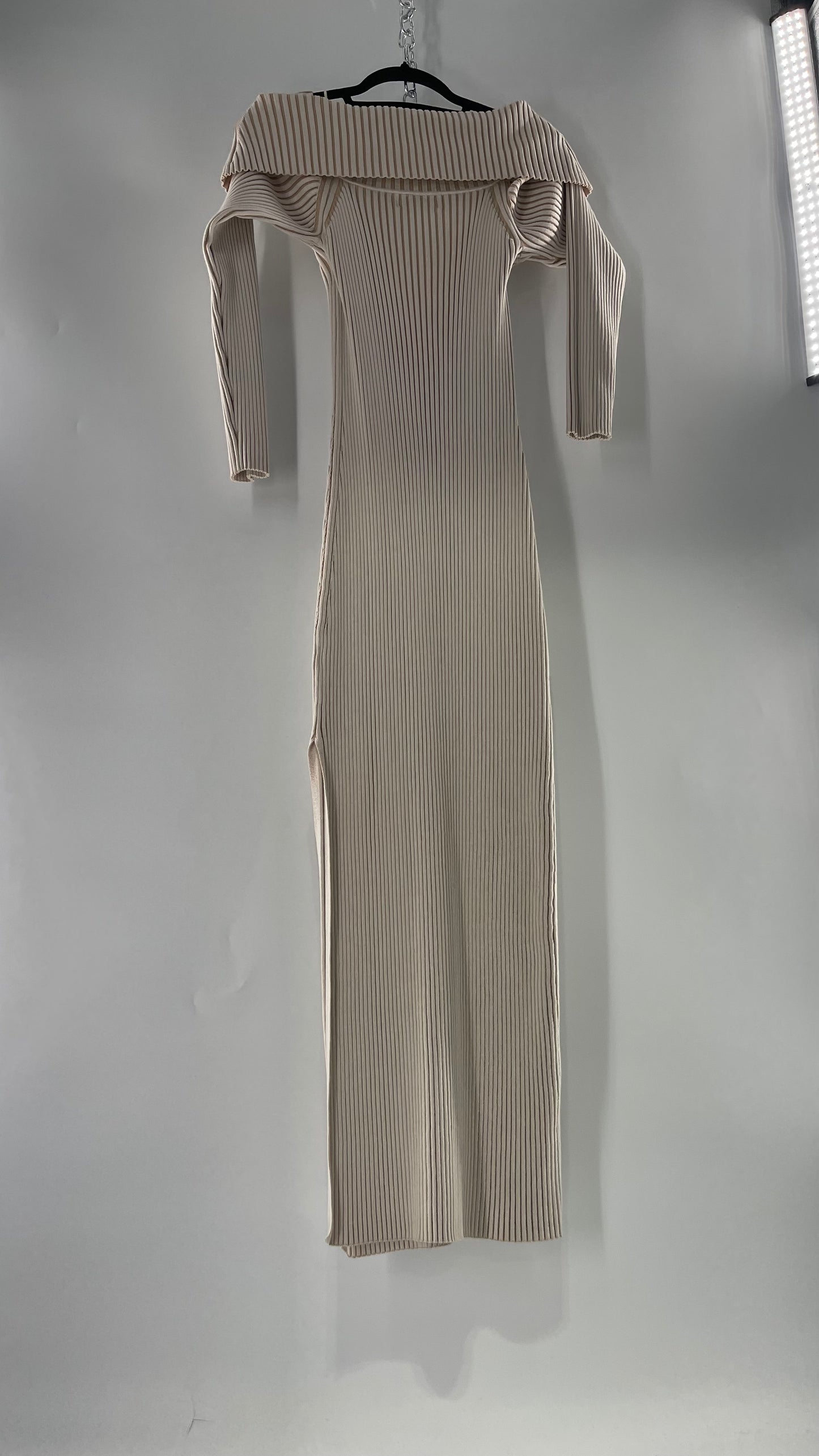 Anthropologie Beige Knit BodyCon Full Length Dress with Thick Off the Shoulder Band (Large)