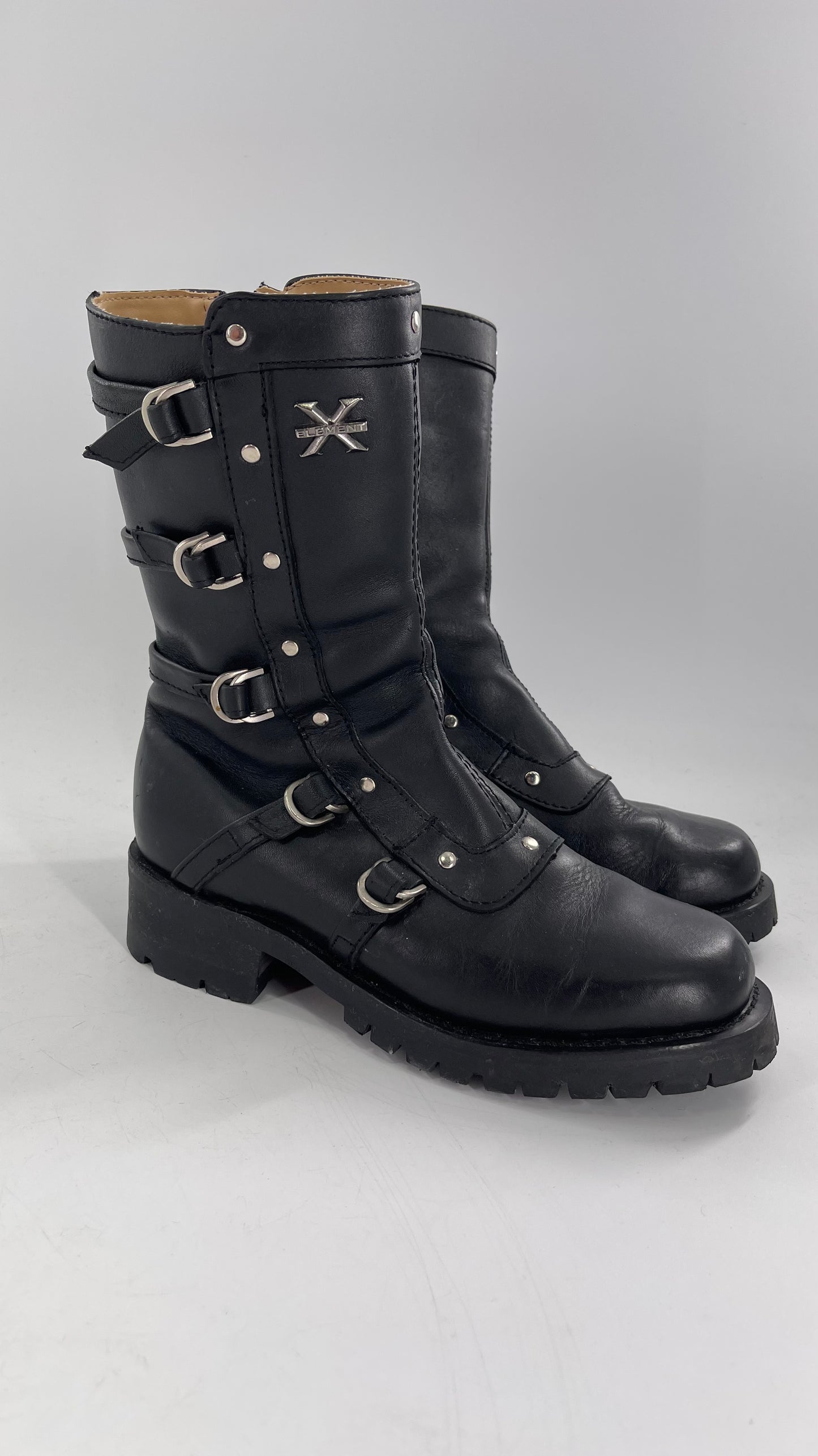 Vintage 1990s XELEMENT Buckle Side Genuine Leather Steam Punk Boots (Women’s 8.5)