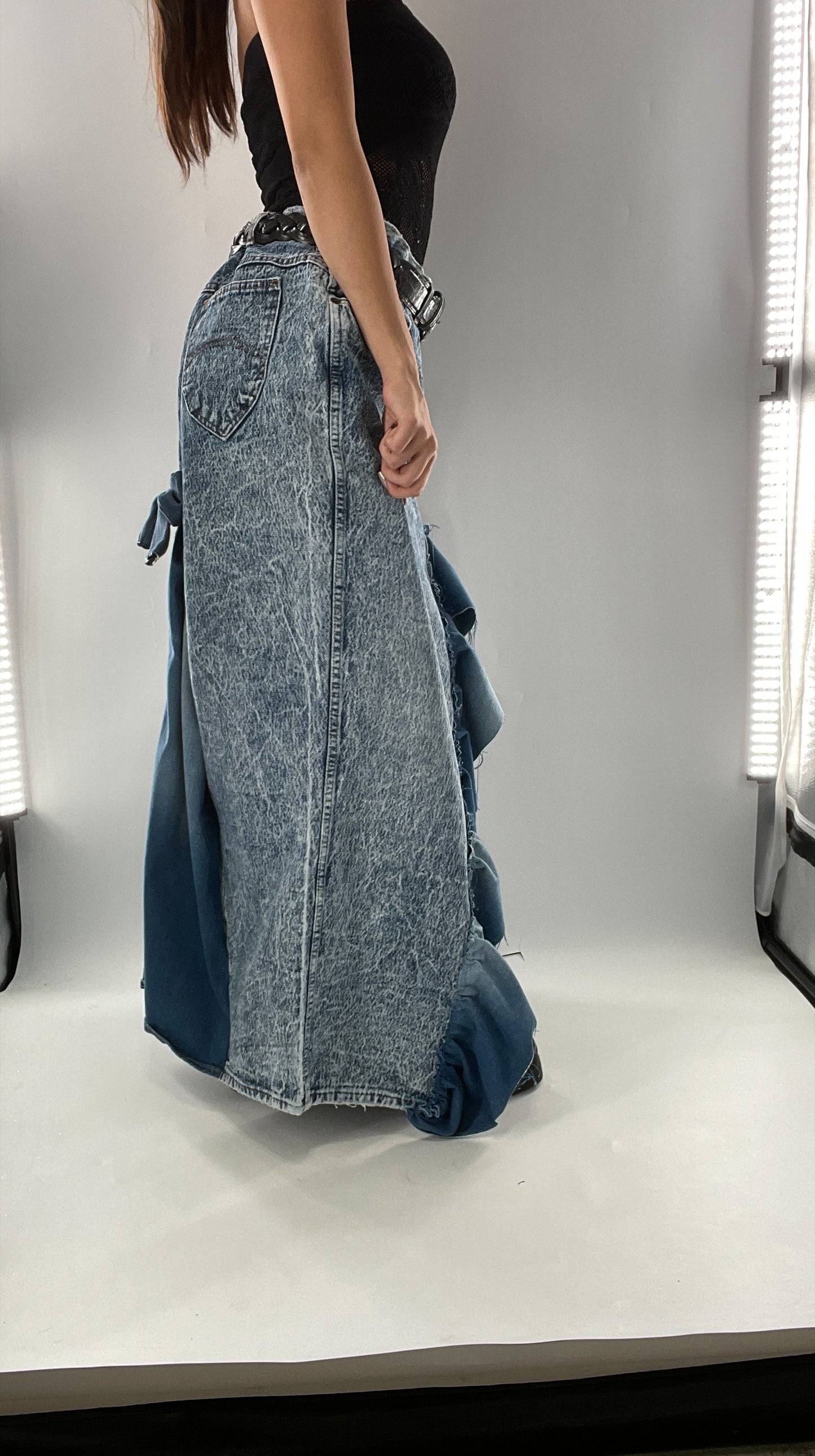 Custom Handmade Acid Wash Denim Slit Front Ruffled Skirt with Bow Bum (Large)