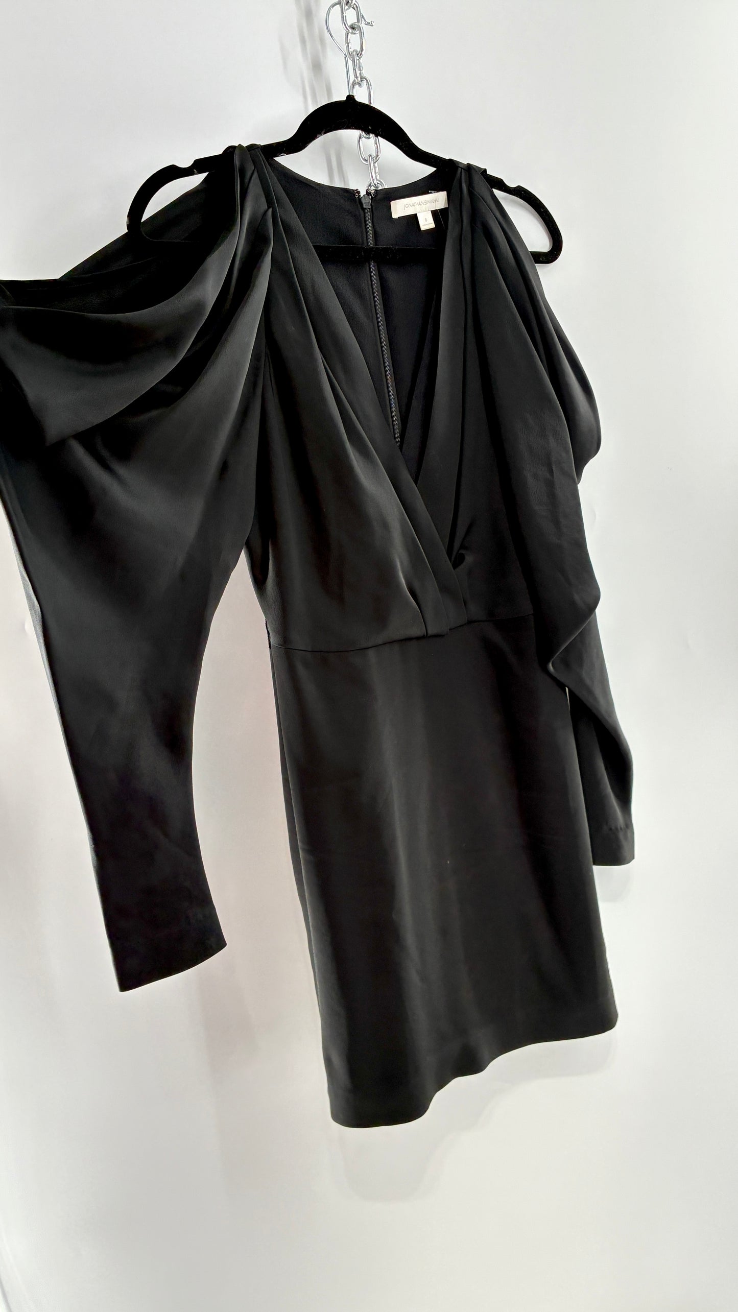 JONATHAN SIMKHAI Black Silky Mini Dress with Exaggerated, Draped Cold Shoulders (8)