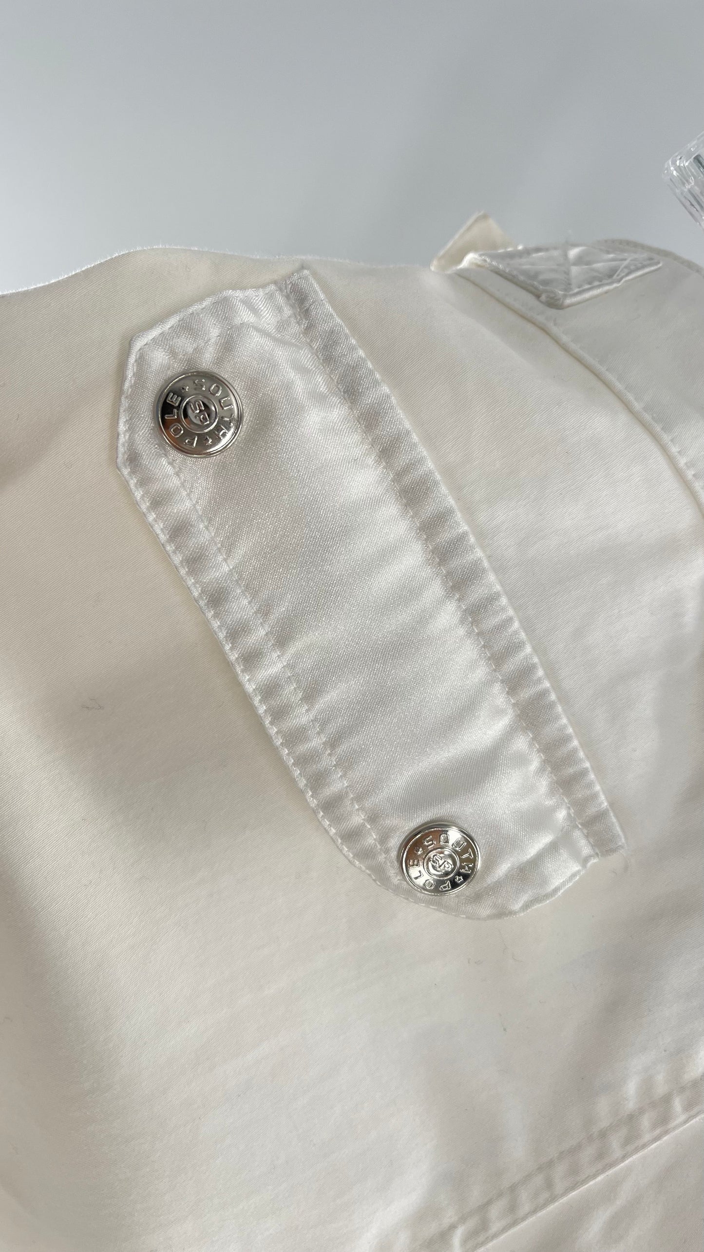 Vintage 1990s South Pole White Capri with Zippers, Silver Hardware, Satin Detailing and Patches (9)