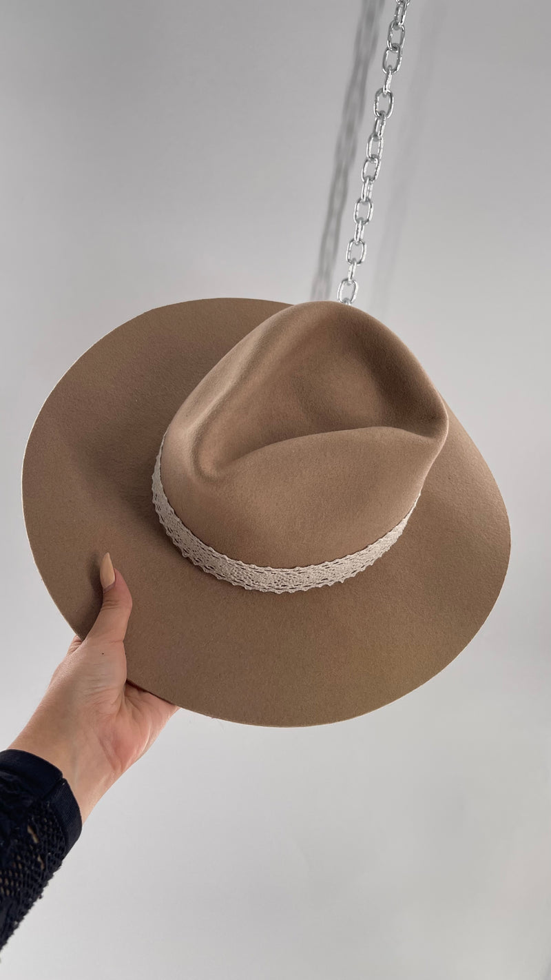 Free People WYETH Tan 100% Wool Lace Belted Wide Brim Sun Hat