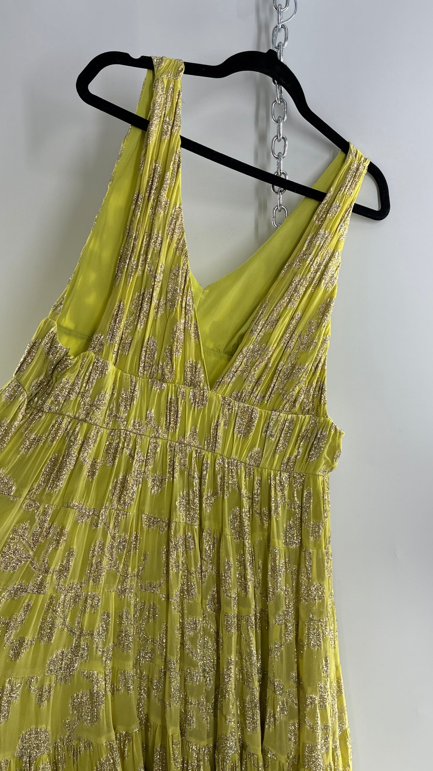 LET ME BE Lime Yellow/Green Ultra Voluminous Tiered Dress with Gold Metallic Jacquard Appliqué Pattern (XL)