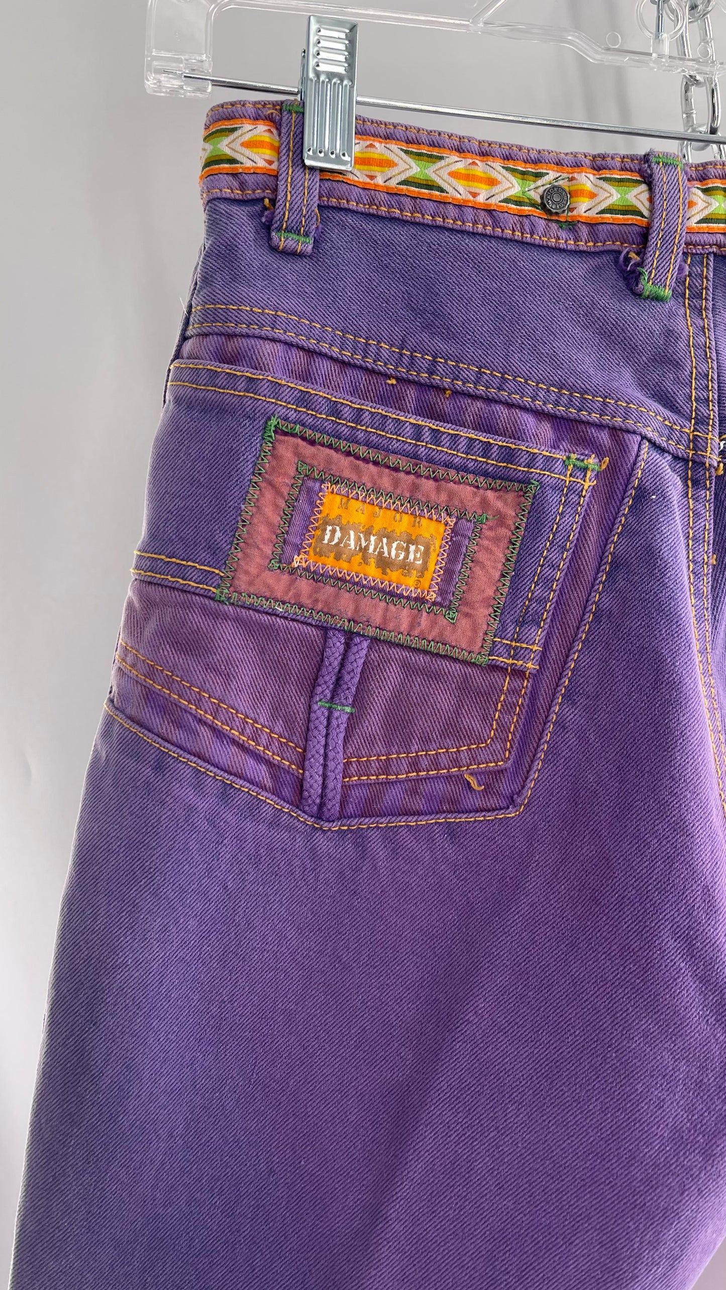 MAJOR DAMAGE 90s Vintage Nostalgic Nickelodeon Esque High Waisted Jeans with Cargo Pocket and Patterned Trim Detailing (2)