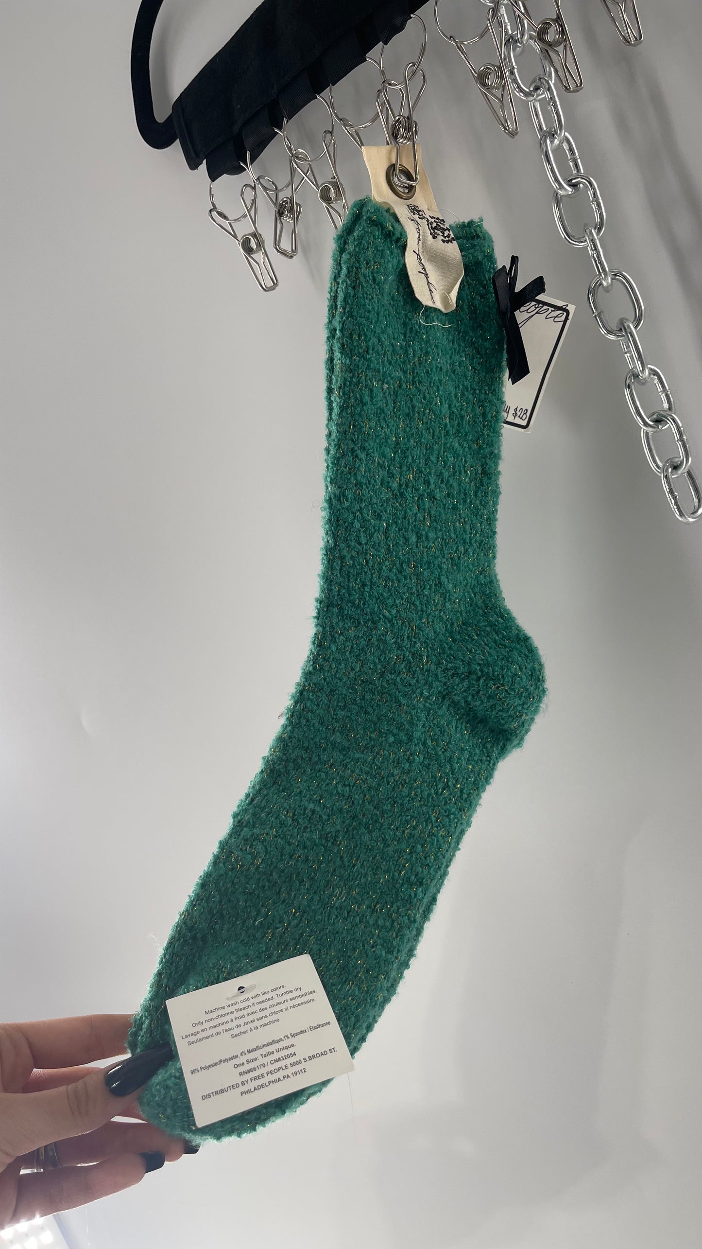 Free People Festive Green Socks with Gold Tinsel and Black Satin Bow Detail