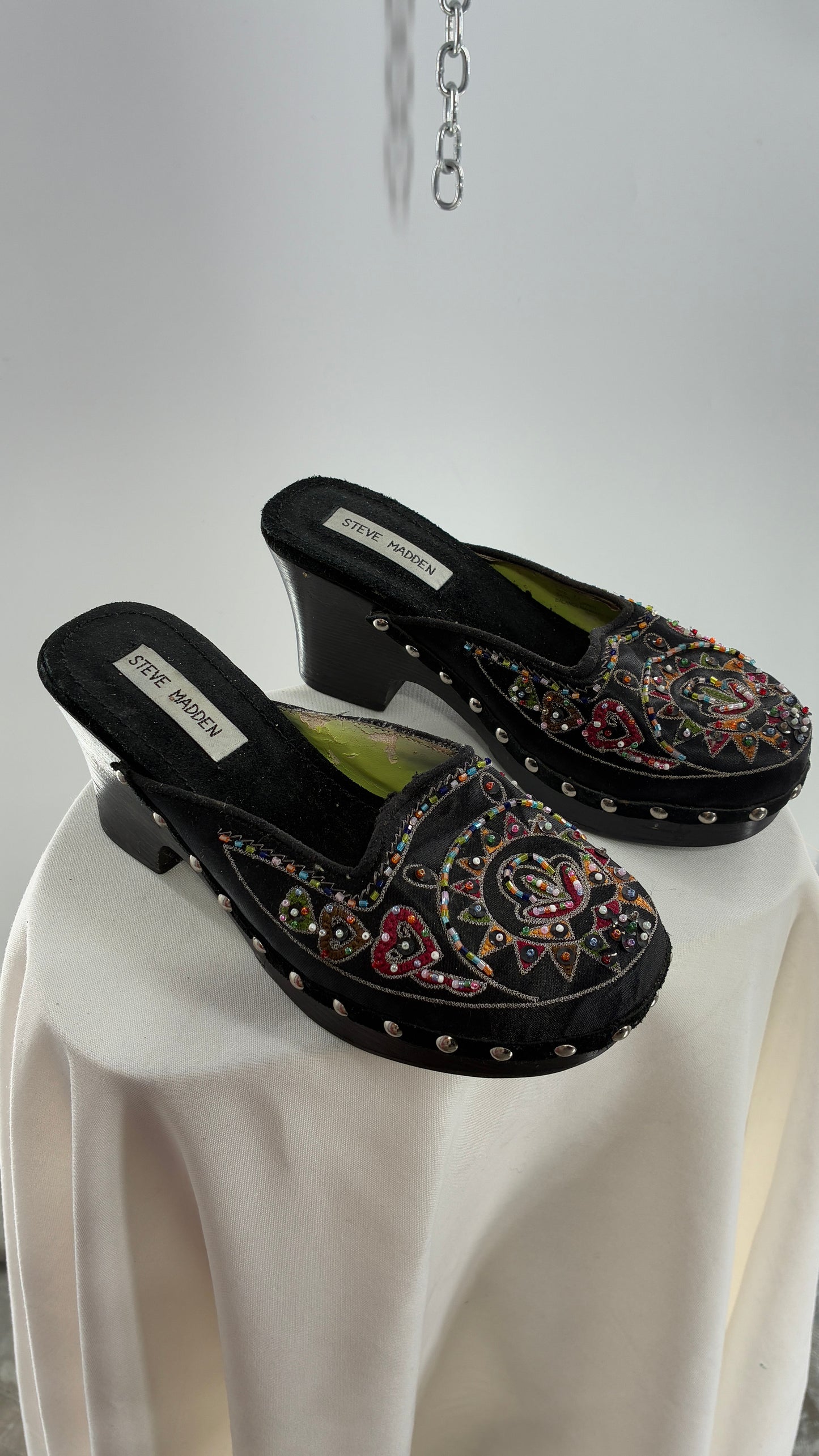 Vintage 1990s STEVE MADDEN Black Wooden Heel Clogs with Embroidered and Beaded Design (7.5)