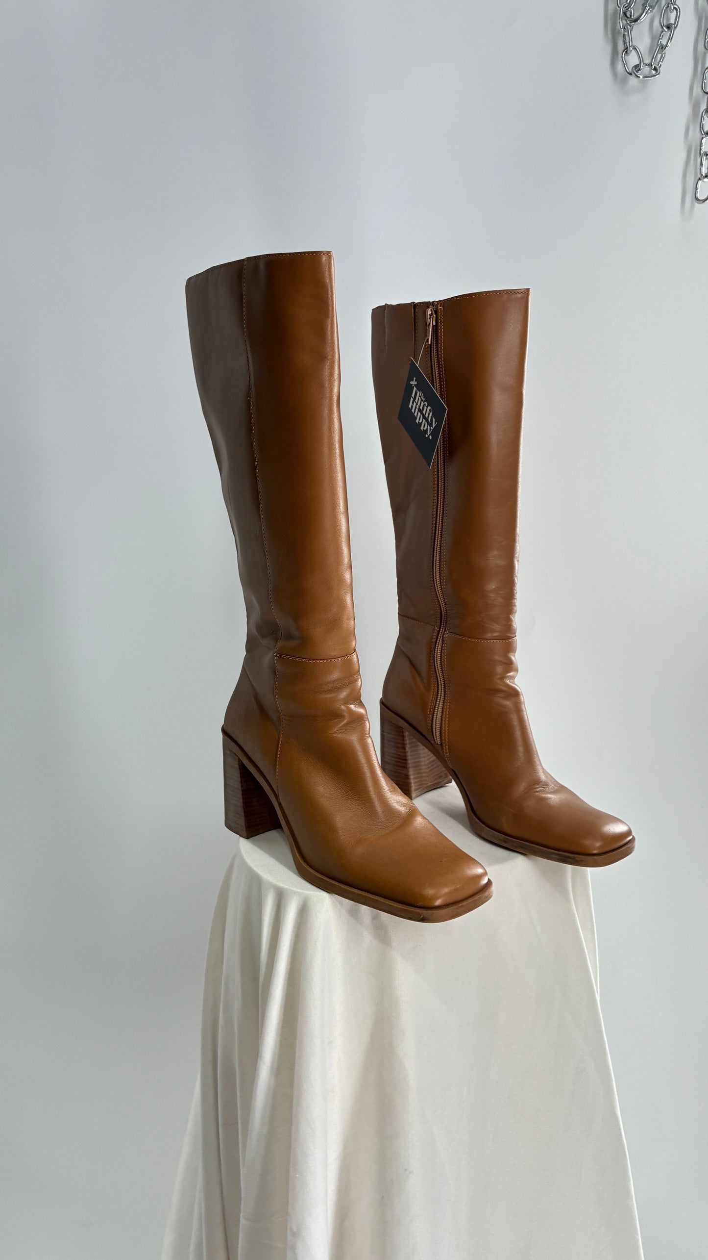 Vintage Strive Genuine Leather Square Toe Knee High Boots with Chunky Block Heel Made in Uruguay (9.5)