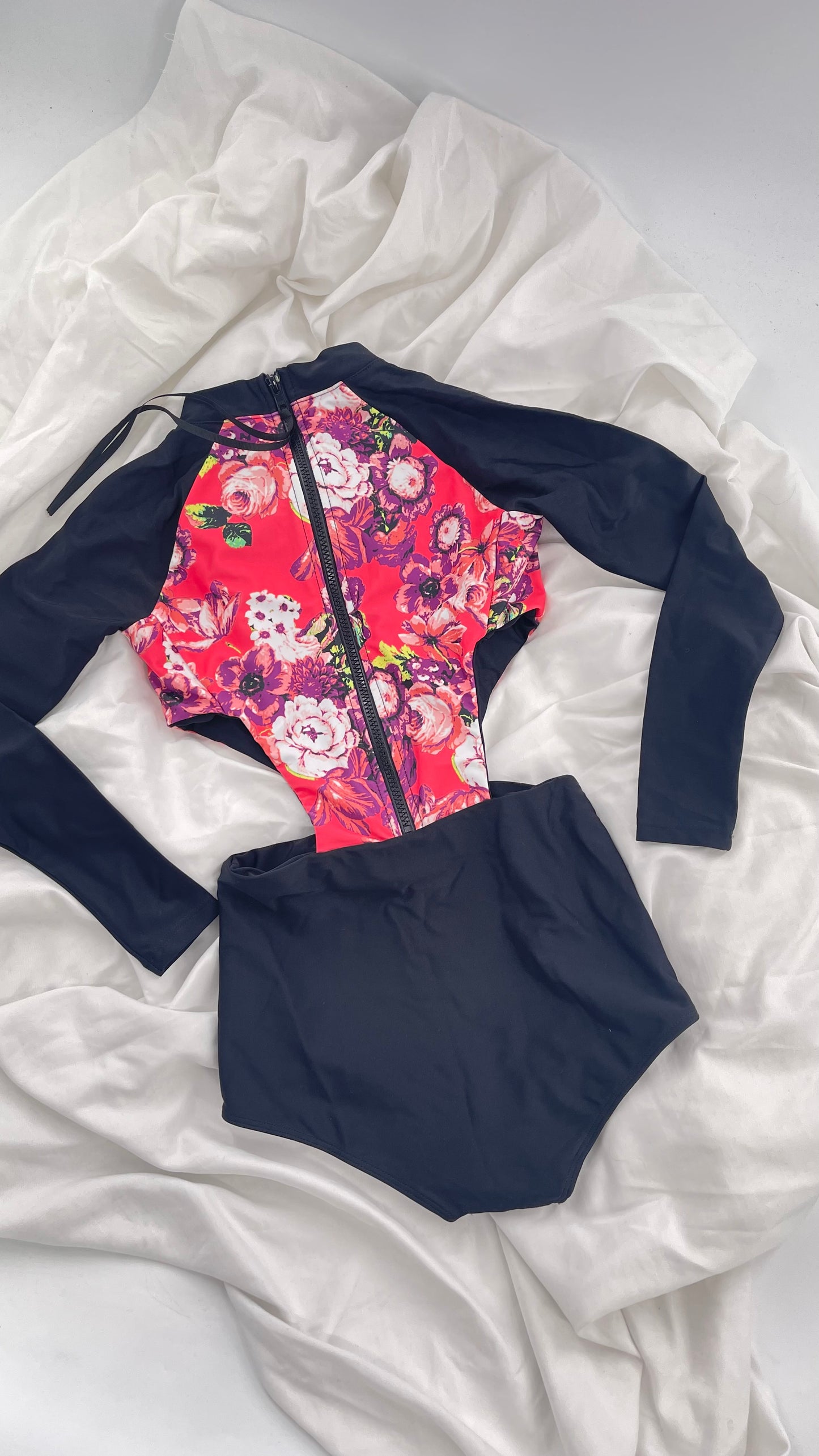 BEACH RIOT x Free People Black Long Sleeve Swimsuit with Hot Pink Floral Torso and Cut Outs (XS)