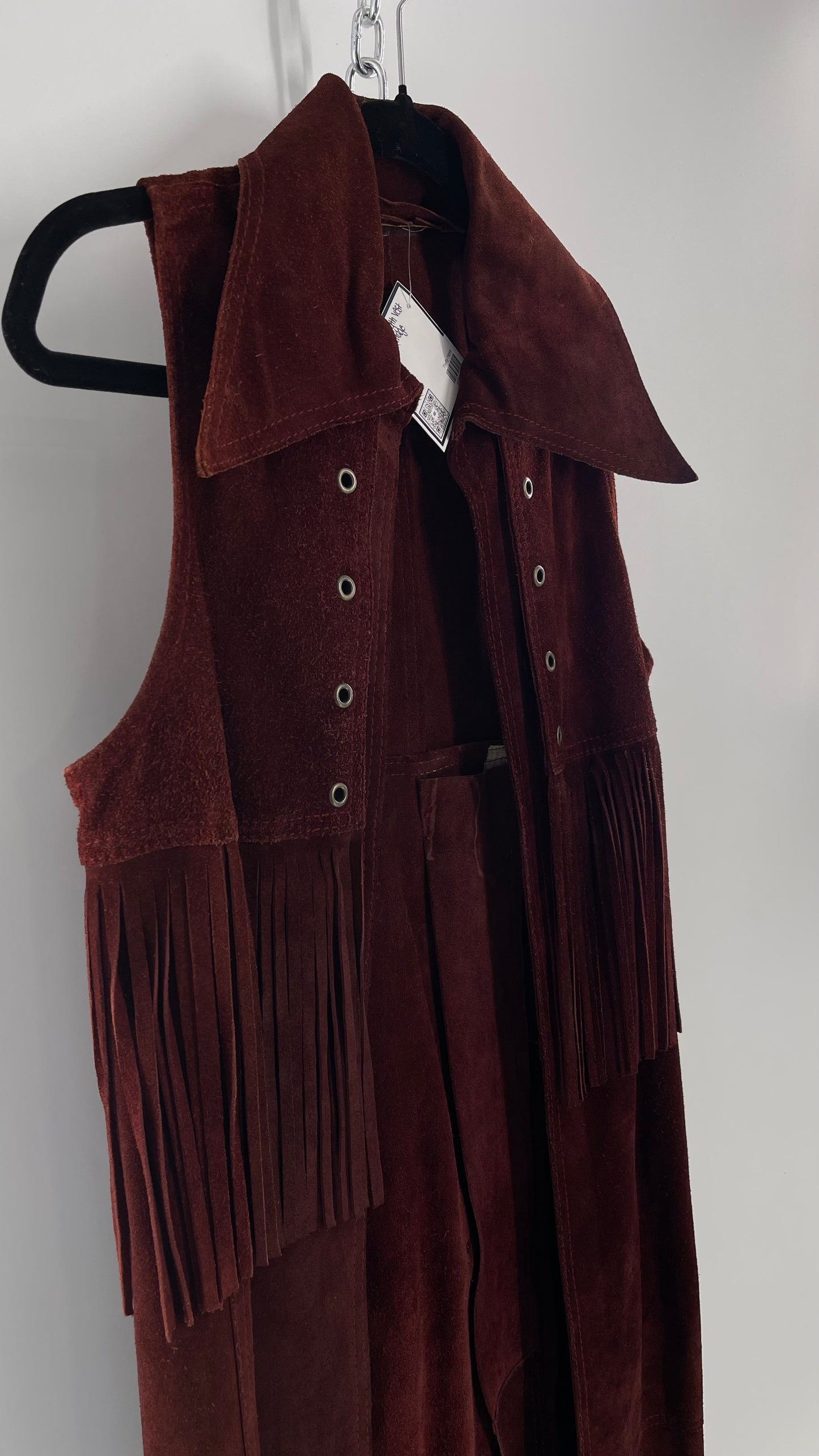 Vintage 1970s Suede Leather Full Length Reddish Brown Vest (S/M)