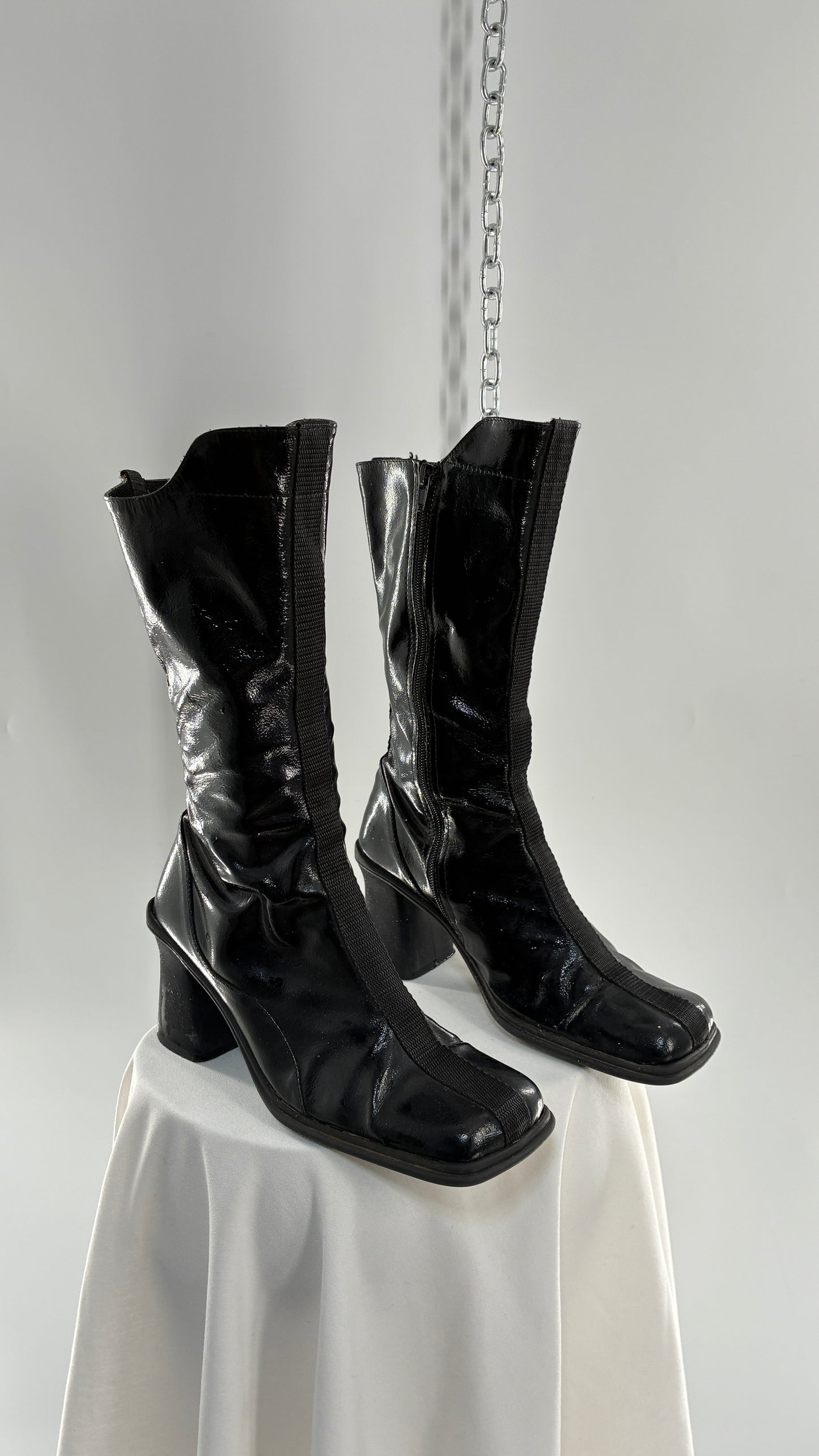 Vintage Black Patent Vinyl Boots with Square Toe and Block Heel with High, Low Calf (40)