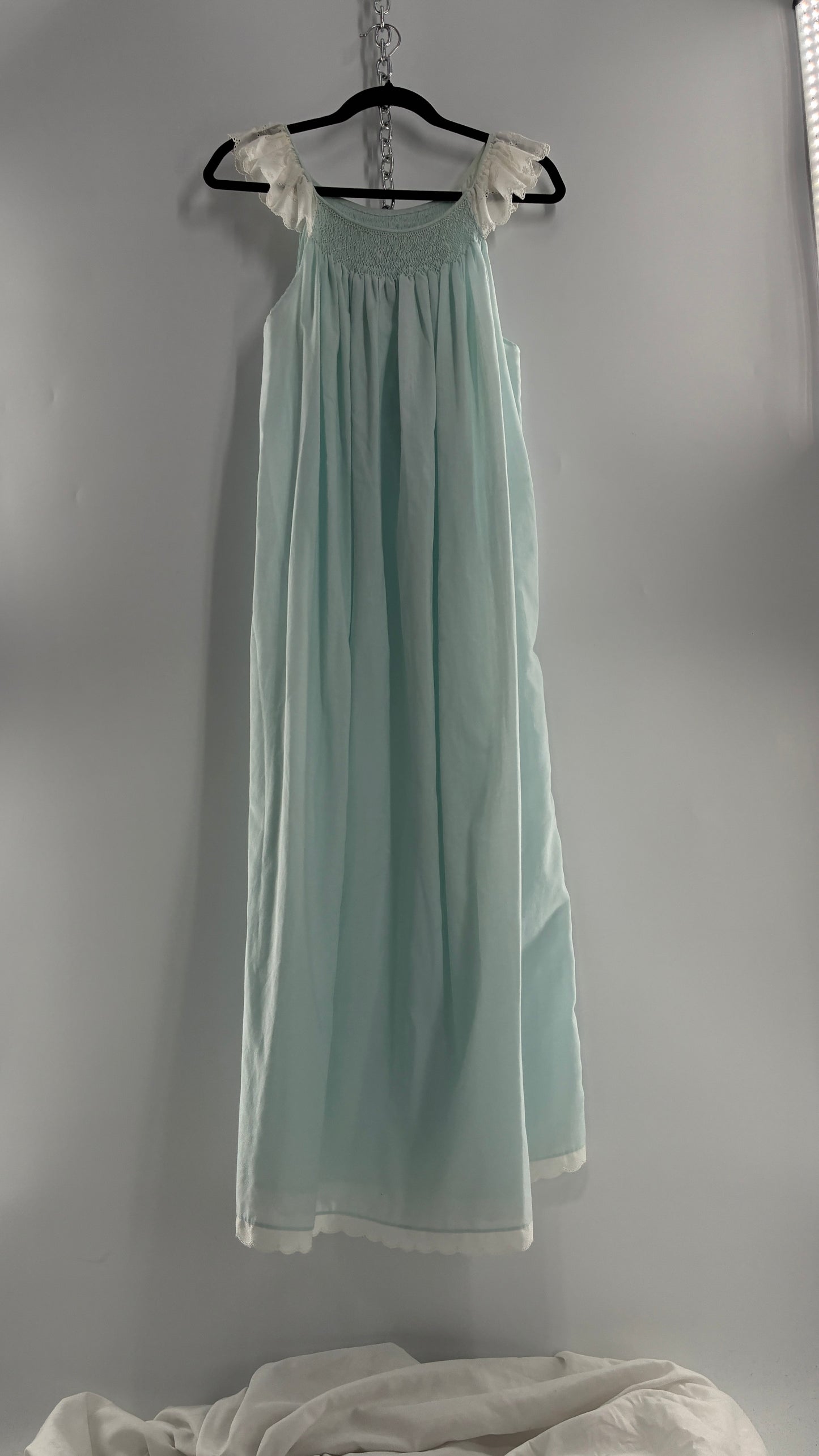 Vintage Baby Blue Nightgown Maxi with White Scalloped Lace Straps and Hem (Medium)