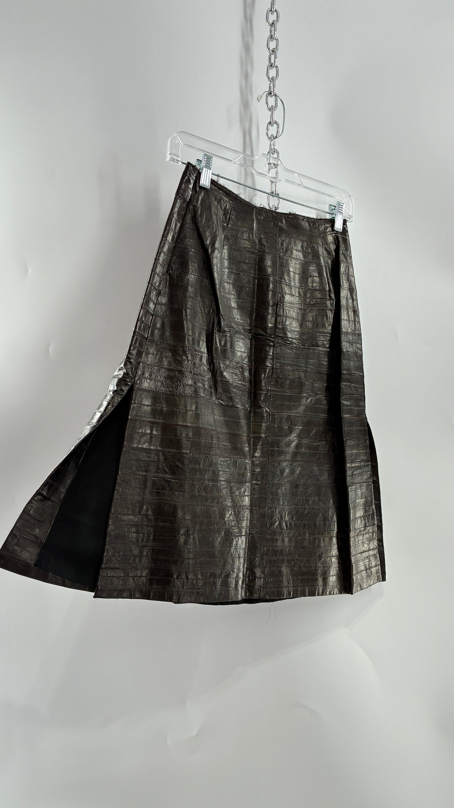 Vintage Handmade Pleated Dark Brown Genuine Leather Patchwork Skirt (XS)