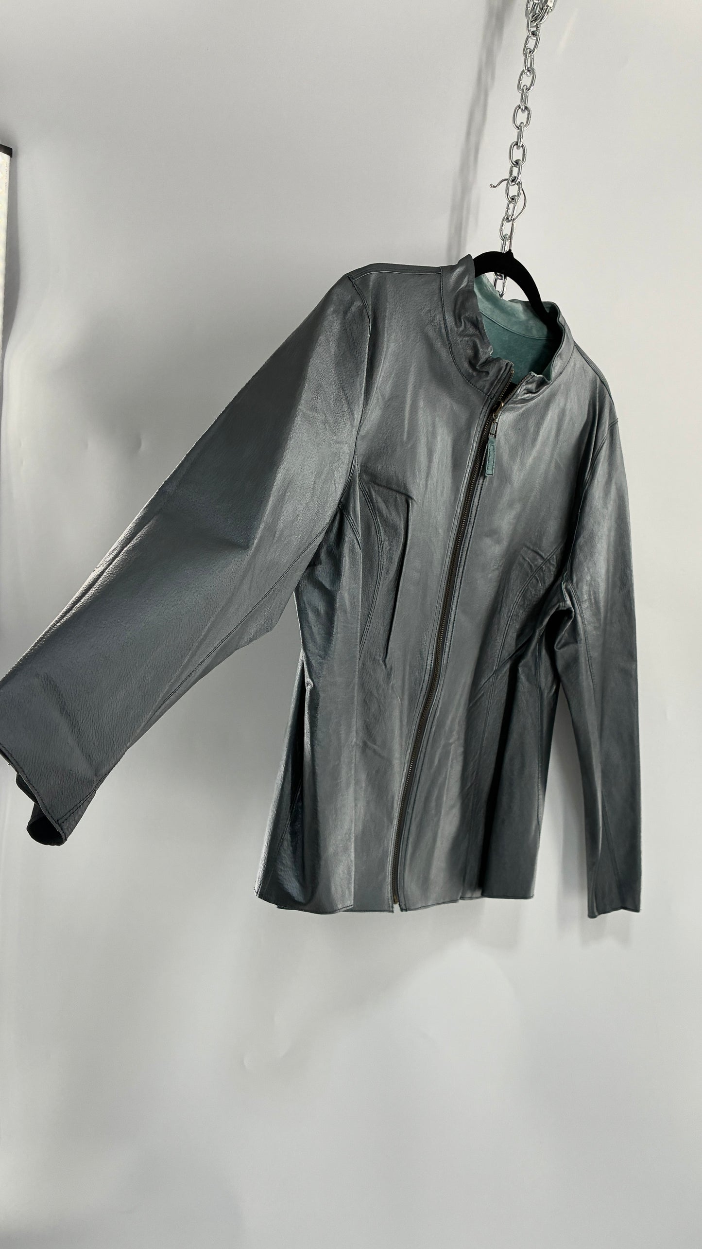 Vintage 1990s Metallic Blue Genuine Leather and Suede Reversible Thin, Zip Up Moto Jacket (XXL)