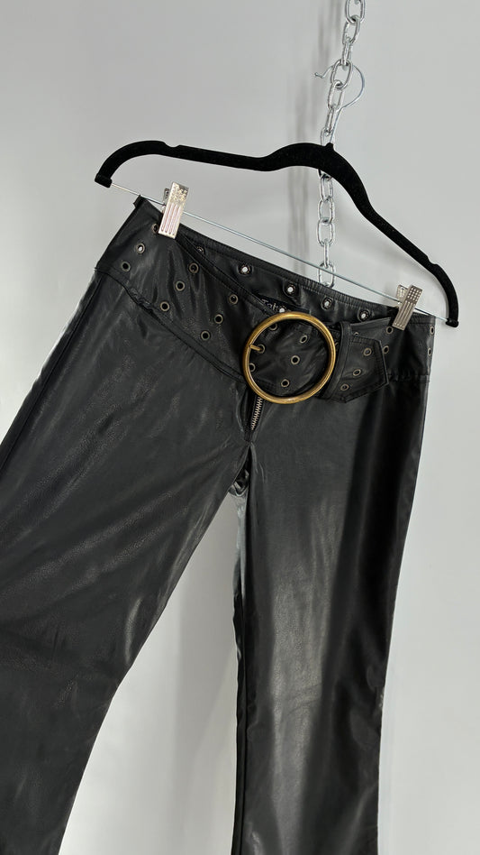Vintage Toba&Co Tobacco Faux Leather Low Rise Zip Front Kick Flares with Wide Grommet Covered Bronze Circle Buckle Belt (S)