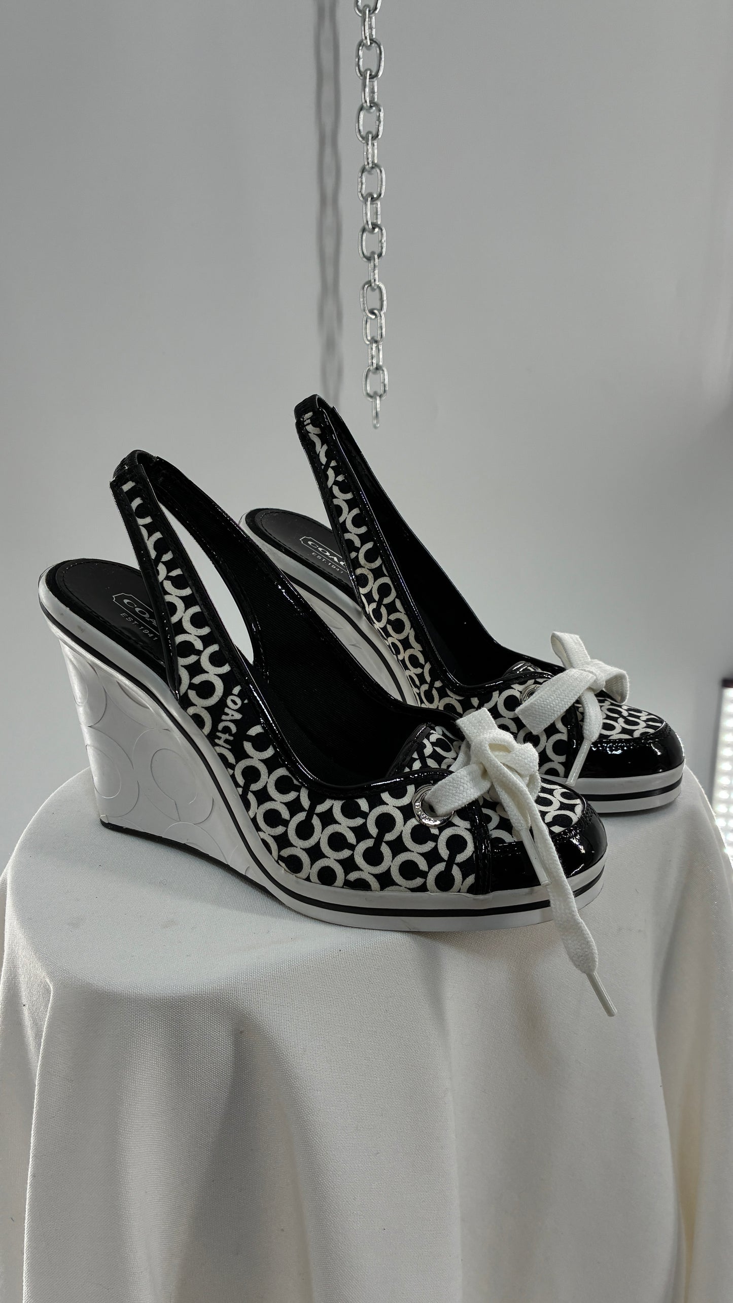 Vintage COACH Emilanna Black and White Monogram Wedge Sneaker Heel (7B)