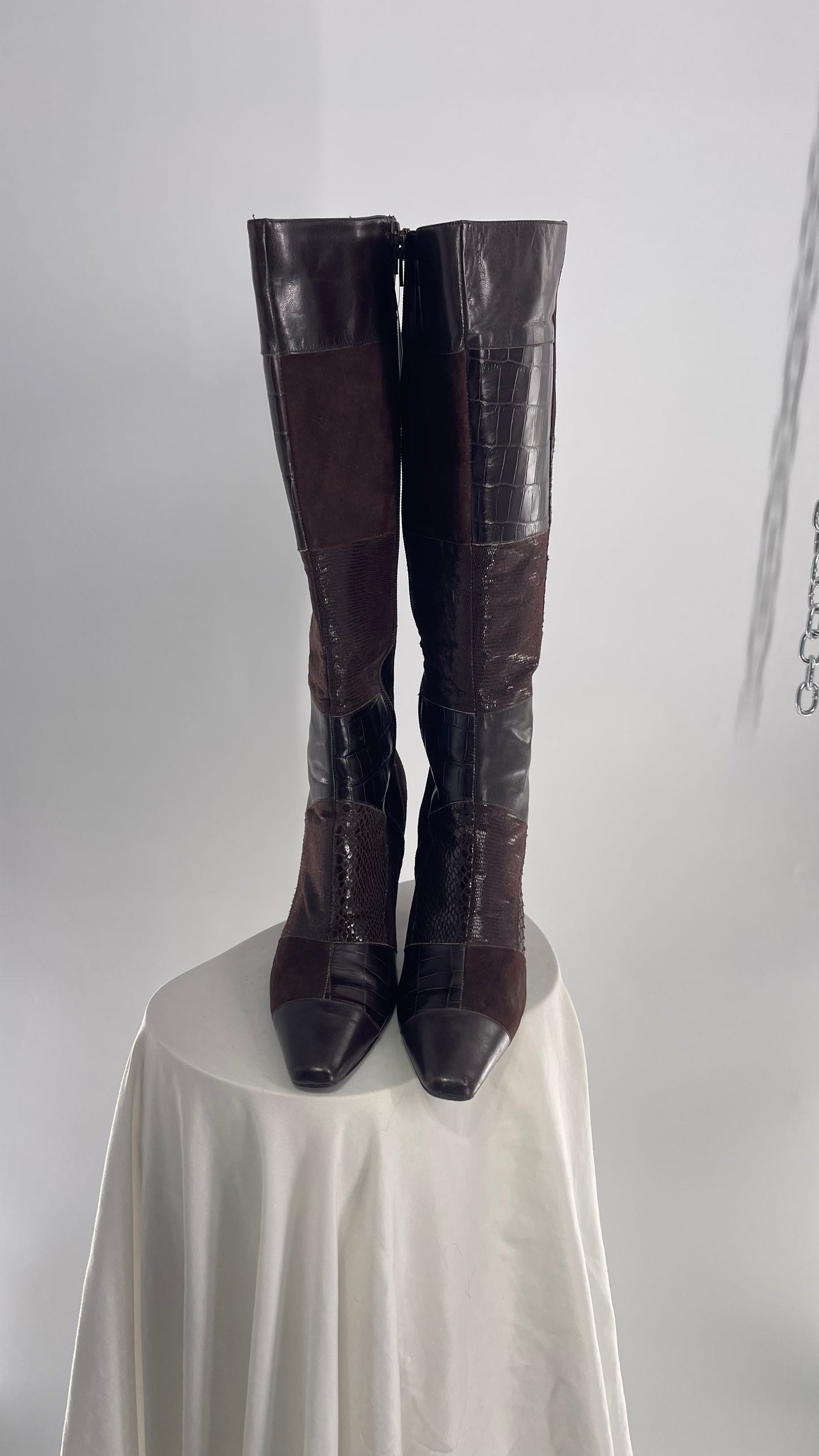 Vintage Bandolino Pointed Toe Patchwork Leather Knee High Boots (10)