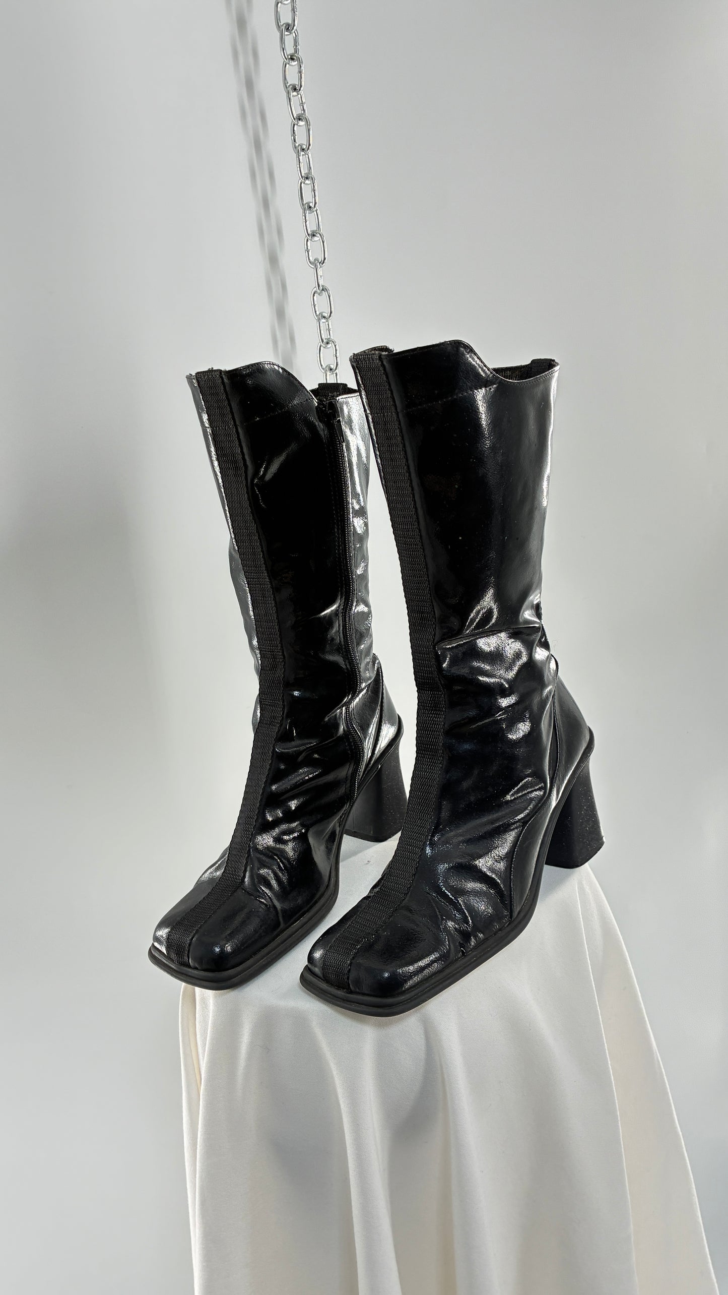 Vintage Black Patent Vinyl Boots with Square Toe and Block Heel with High, Low Calf (40)