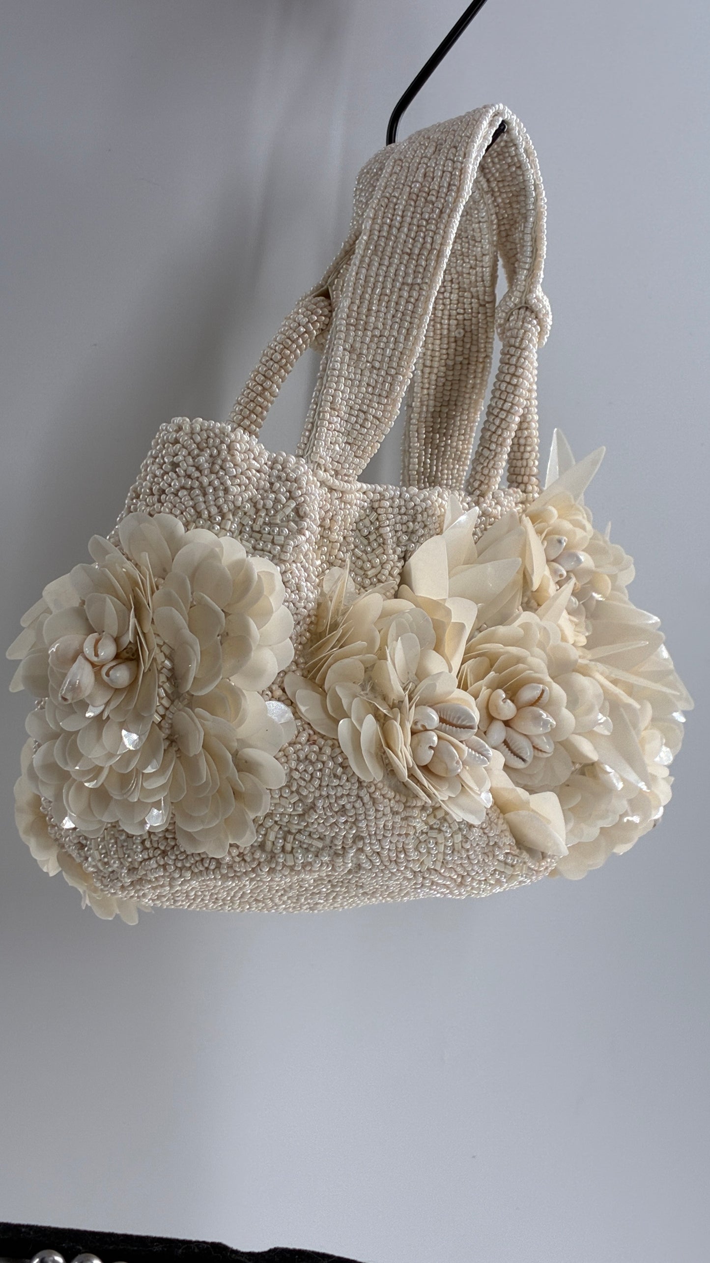 Beaded Off White Purse with Sequin and Shell Flowers