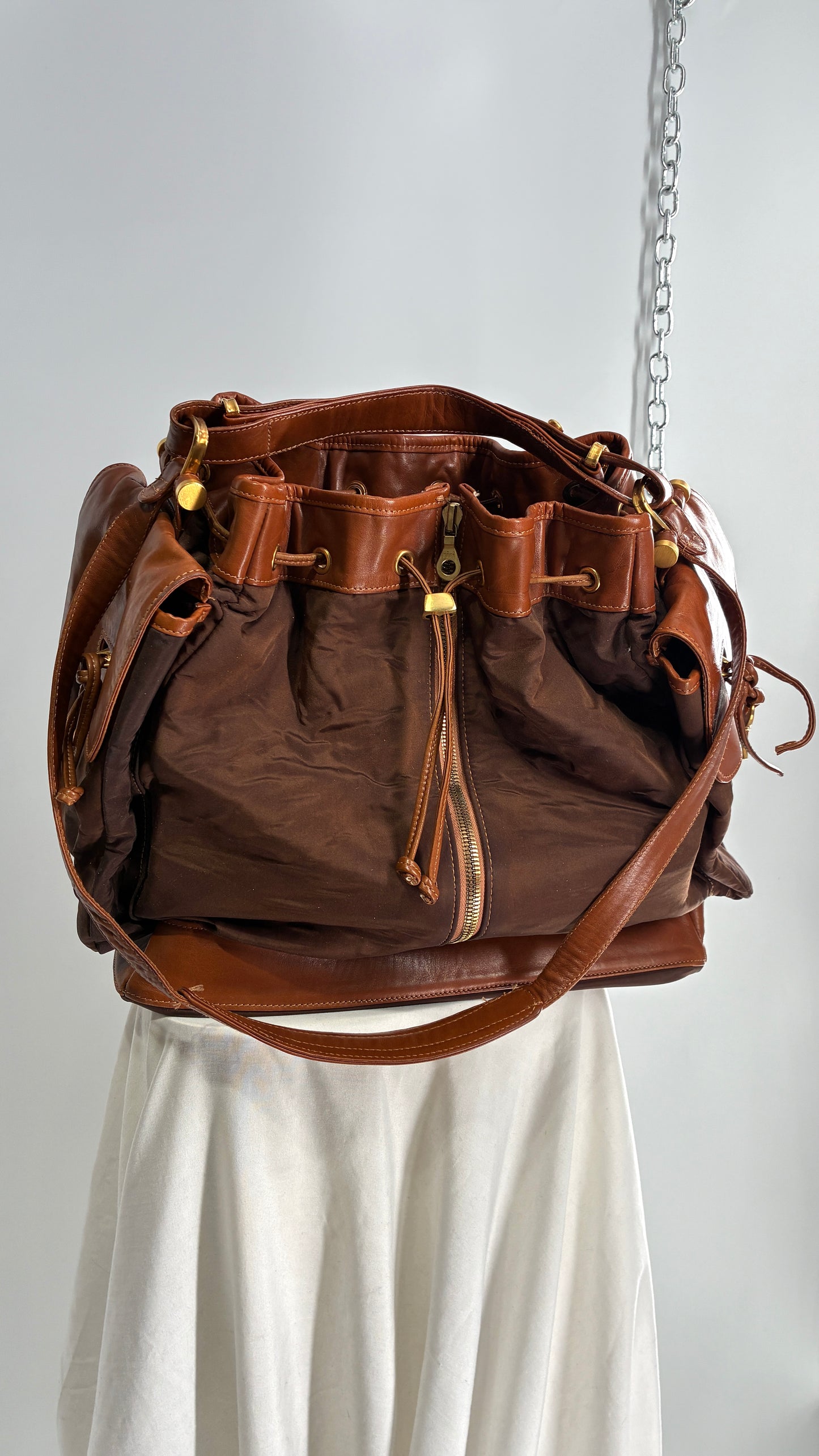 Vintage DONNA KARAN DKNY Oversized XL Brown Zip Front Bag with Leather Details
