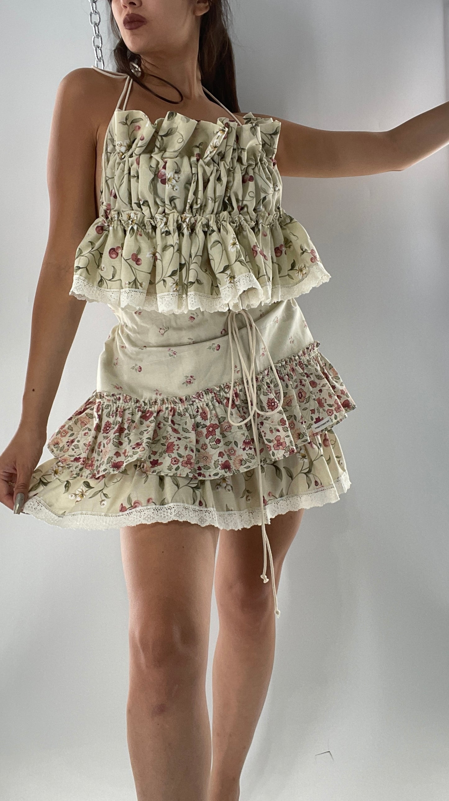 Vintage Cherry Cottage Set with Tiered Ruffled Skirt and Ruched, Backless Top (One Size)