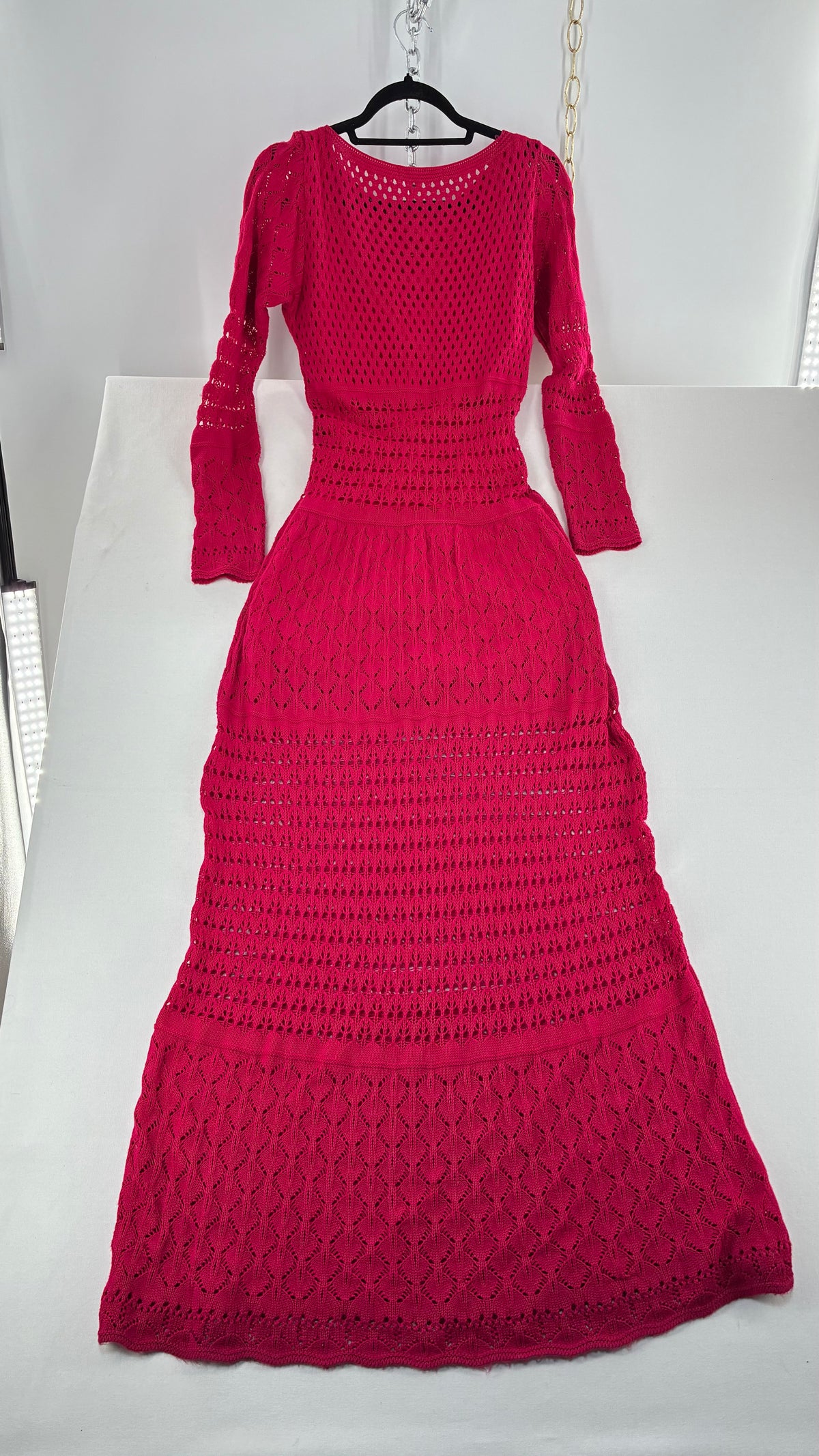 Imported Vintage AQUAMAR Hot Pink Crochet Full Length Dress with Waist Definition  (M)