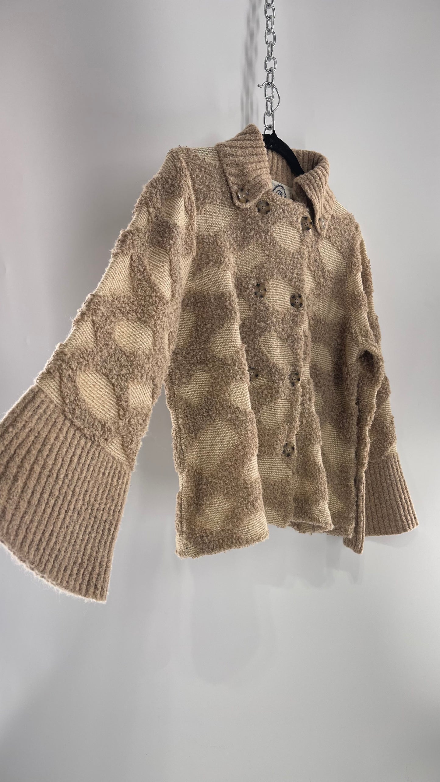 Rosie Neim Anthropologie Intarsia Light Brown Knit Bell Sleeve Textured and Collared Cardigan (XS)