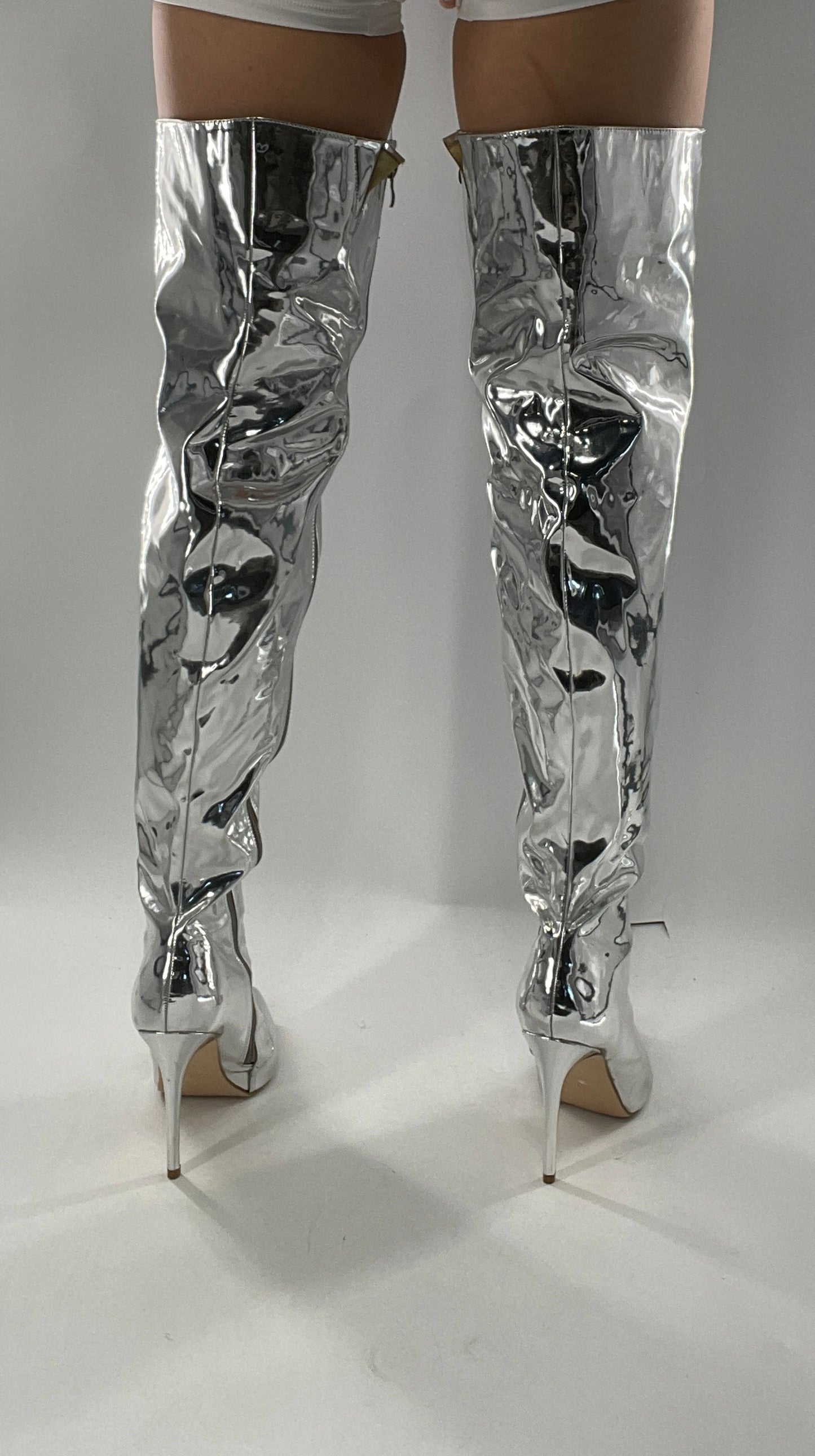 Vintage Chrome Platinum Mirrored Thigh High Molten Metal Sky High Boots Space Cadet/Concert (7)