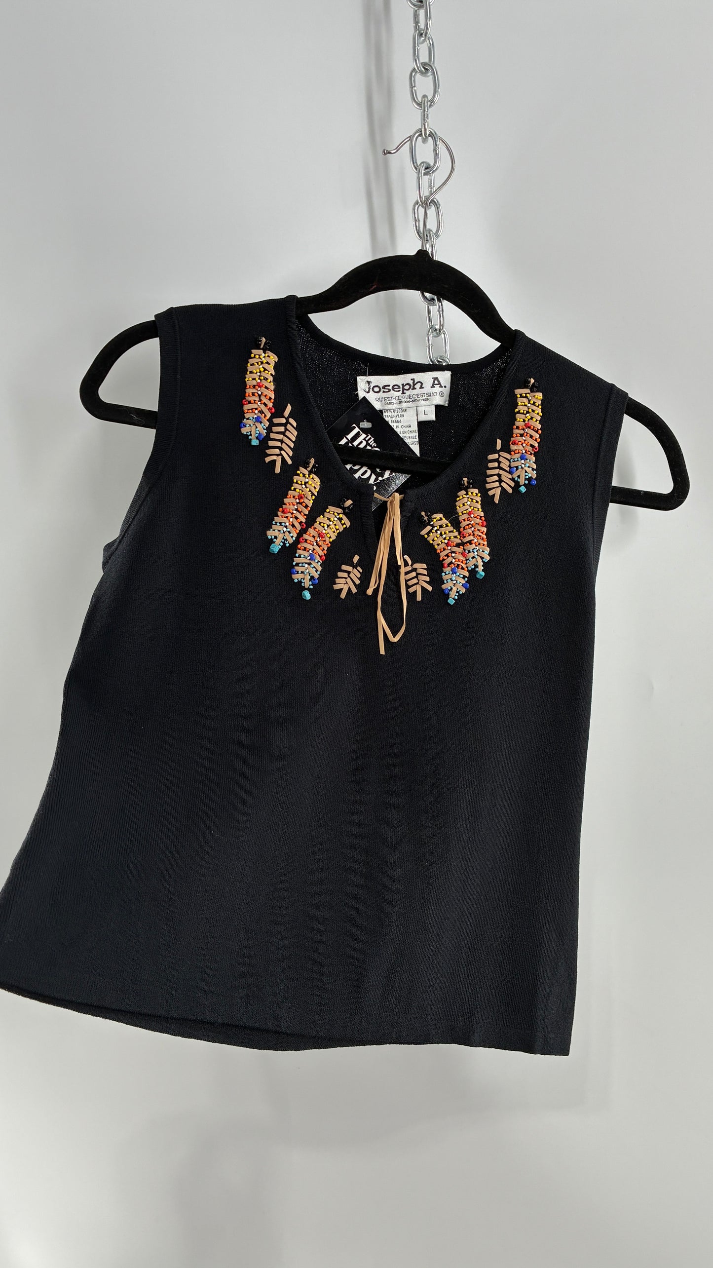 Vintage 1990s JOSEPH A Beaded Feather Black Sleeveless Top (Large)