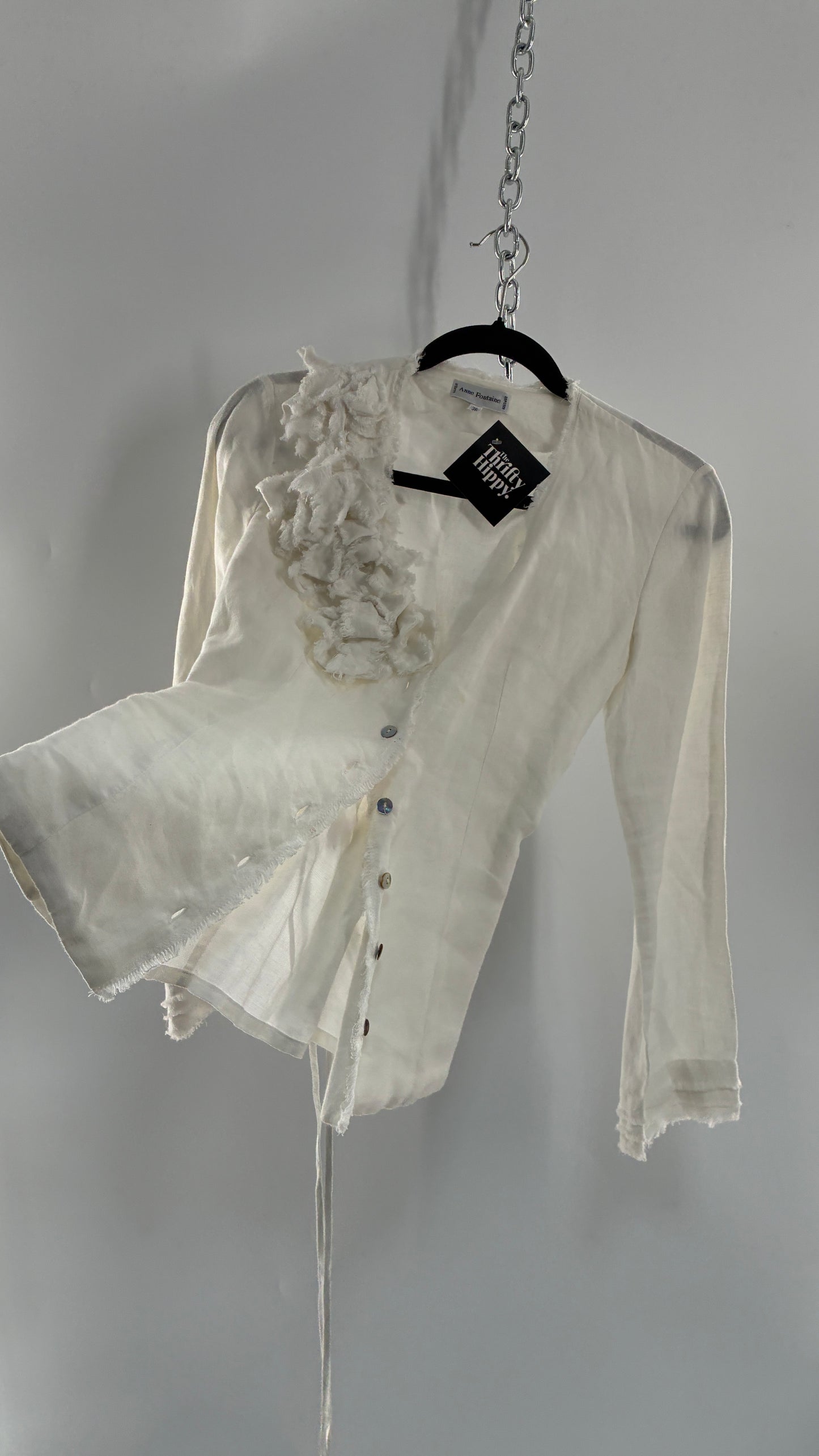 Vintage ANNE FONTAINE Off White Linen Woven Button Up Blouse with Back Corseting, Pearlescent Shell Buttons, and Rosette Details (36)