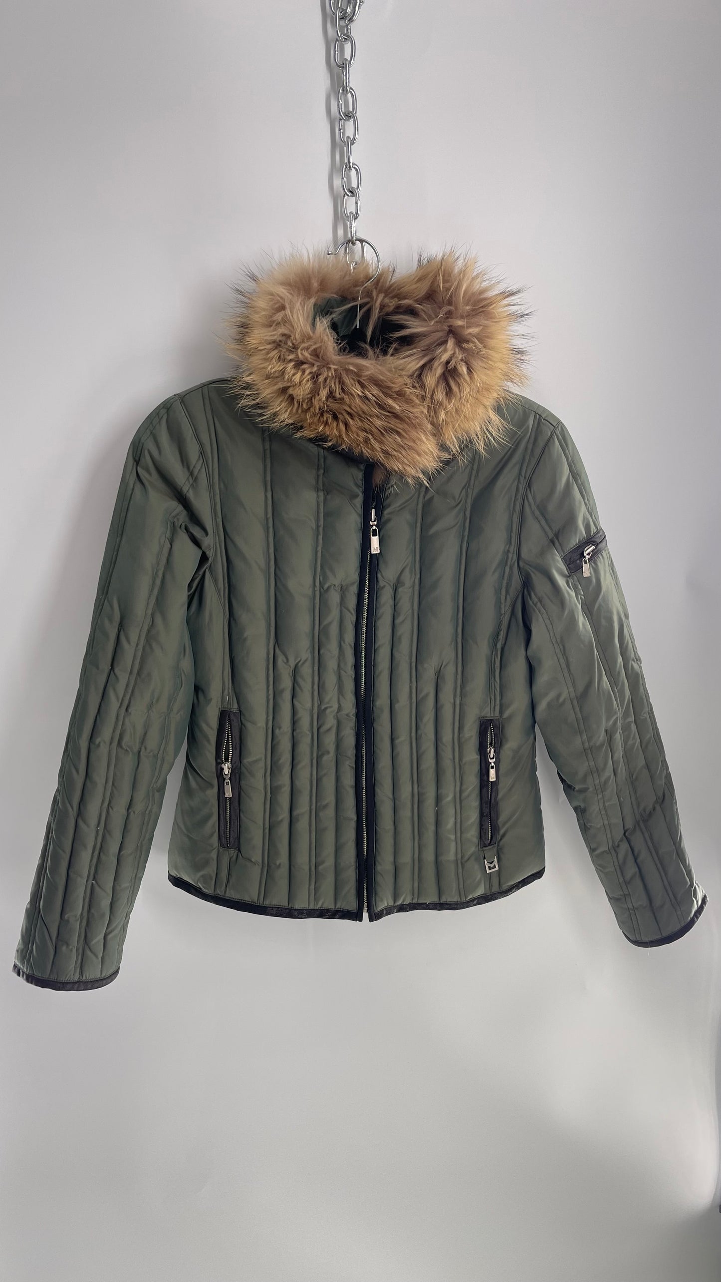 Vintage Michael Kors 1990s Army Green Puffer with Raccoon Fur Hood Waterfowl and Down Filling (Small)