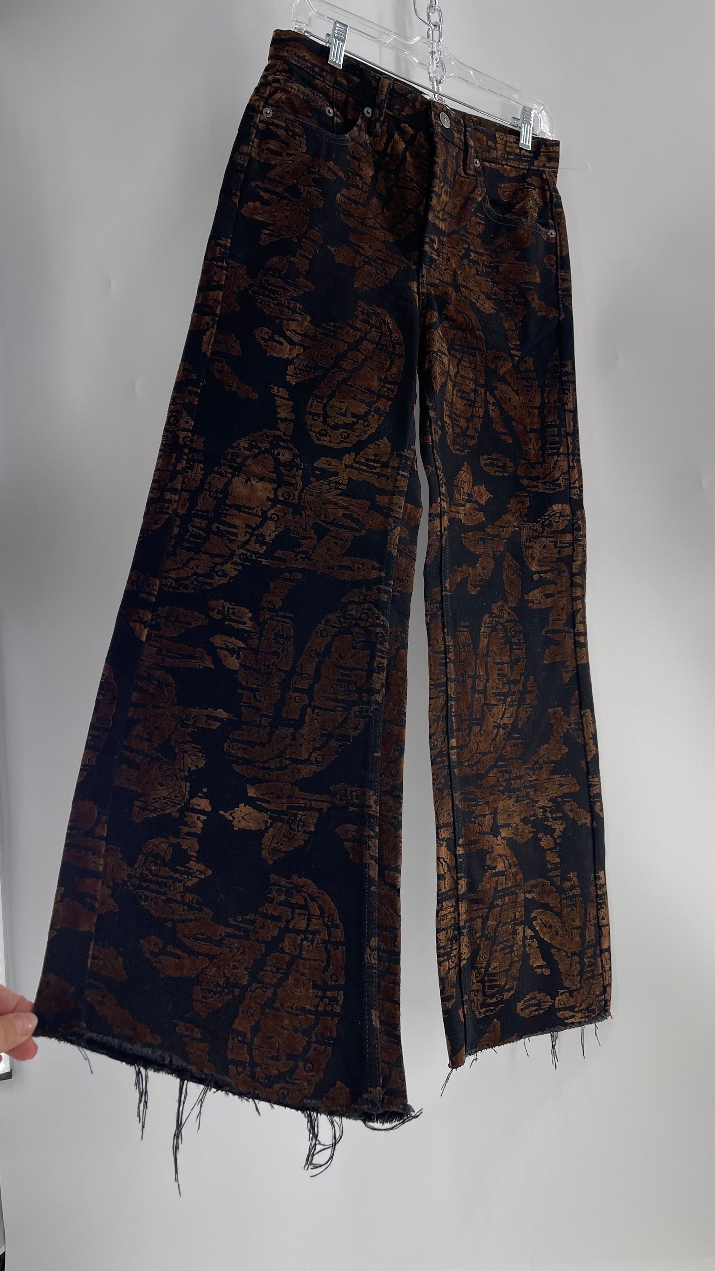 Free People Black/Brown Velvet Texture Graphic Straight Legs with Raw Edge Hem (27)