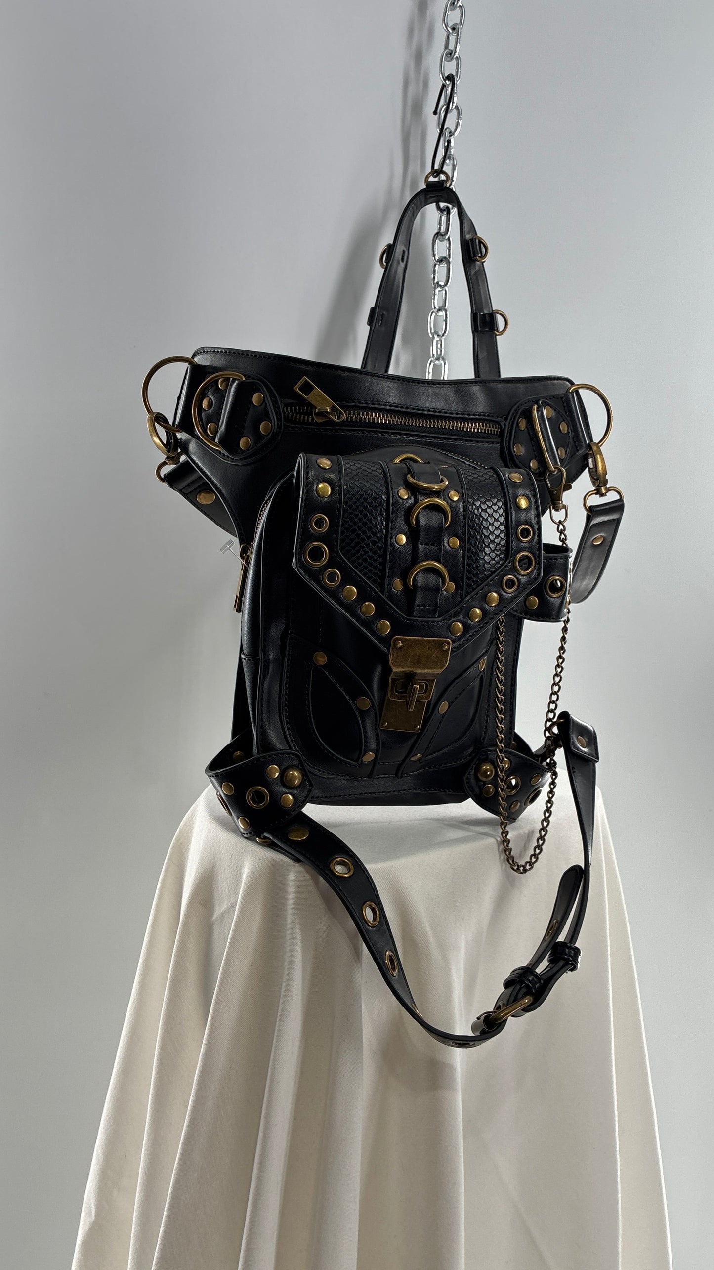 Vintage Bronze Studded, Leather Thigh Strap Crossbody Bag