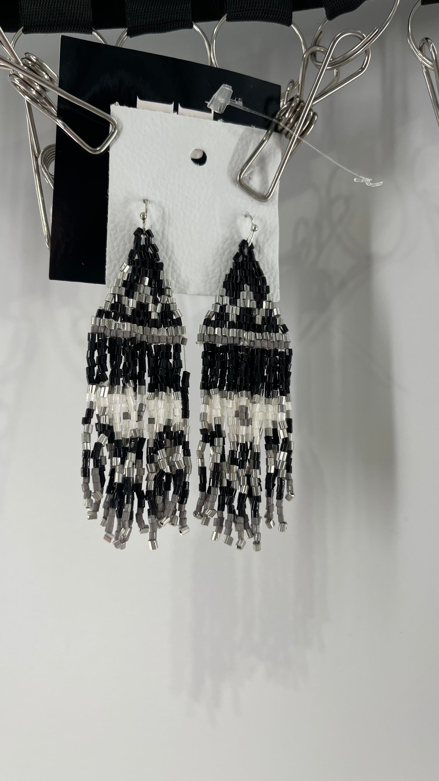 Free People Beaded Bohemian Black White Silver Earring with Tags Attached
