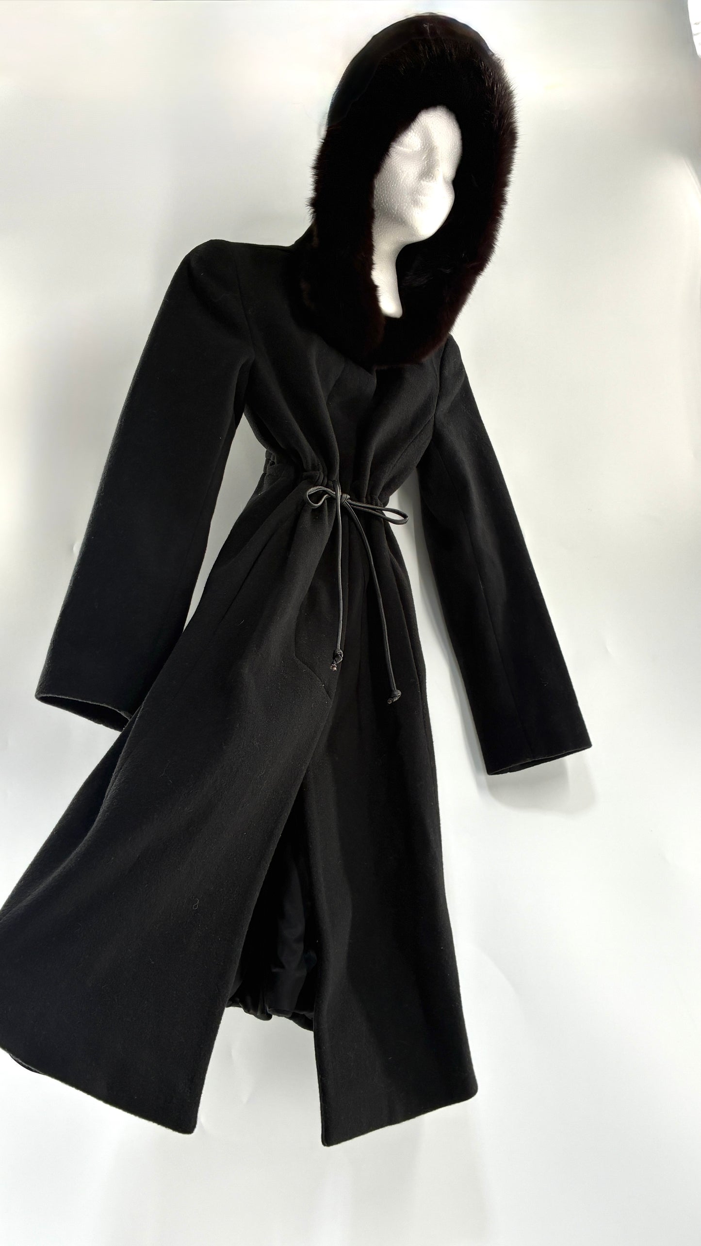 Vintage STEVE by SEARLE Cashmere Blend Coat with Underbust Tie and Fur Hood