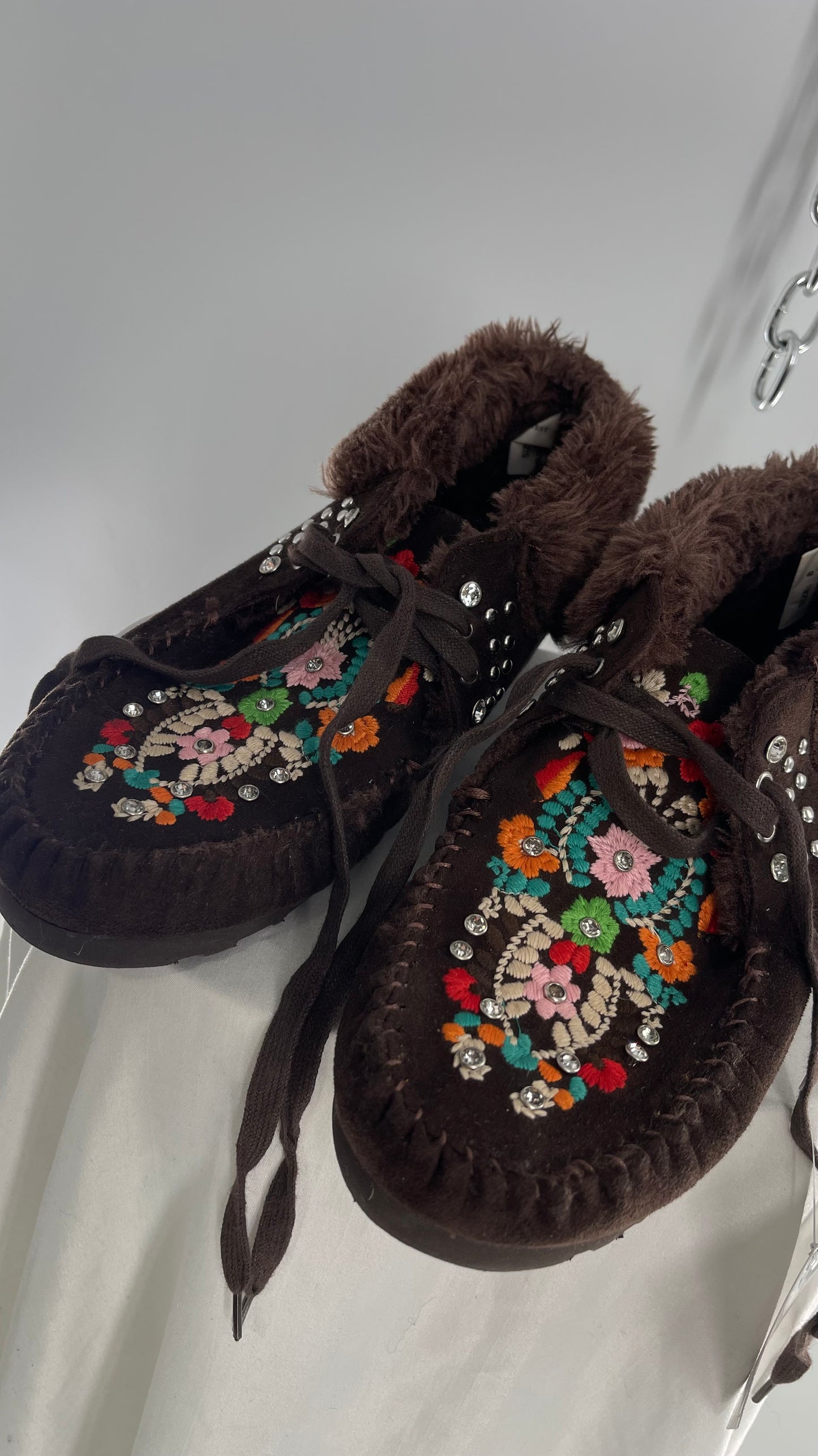 Embroidered Faux Suede & Fur Studs+ Rhinestone Moccasins (8)