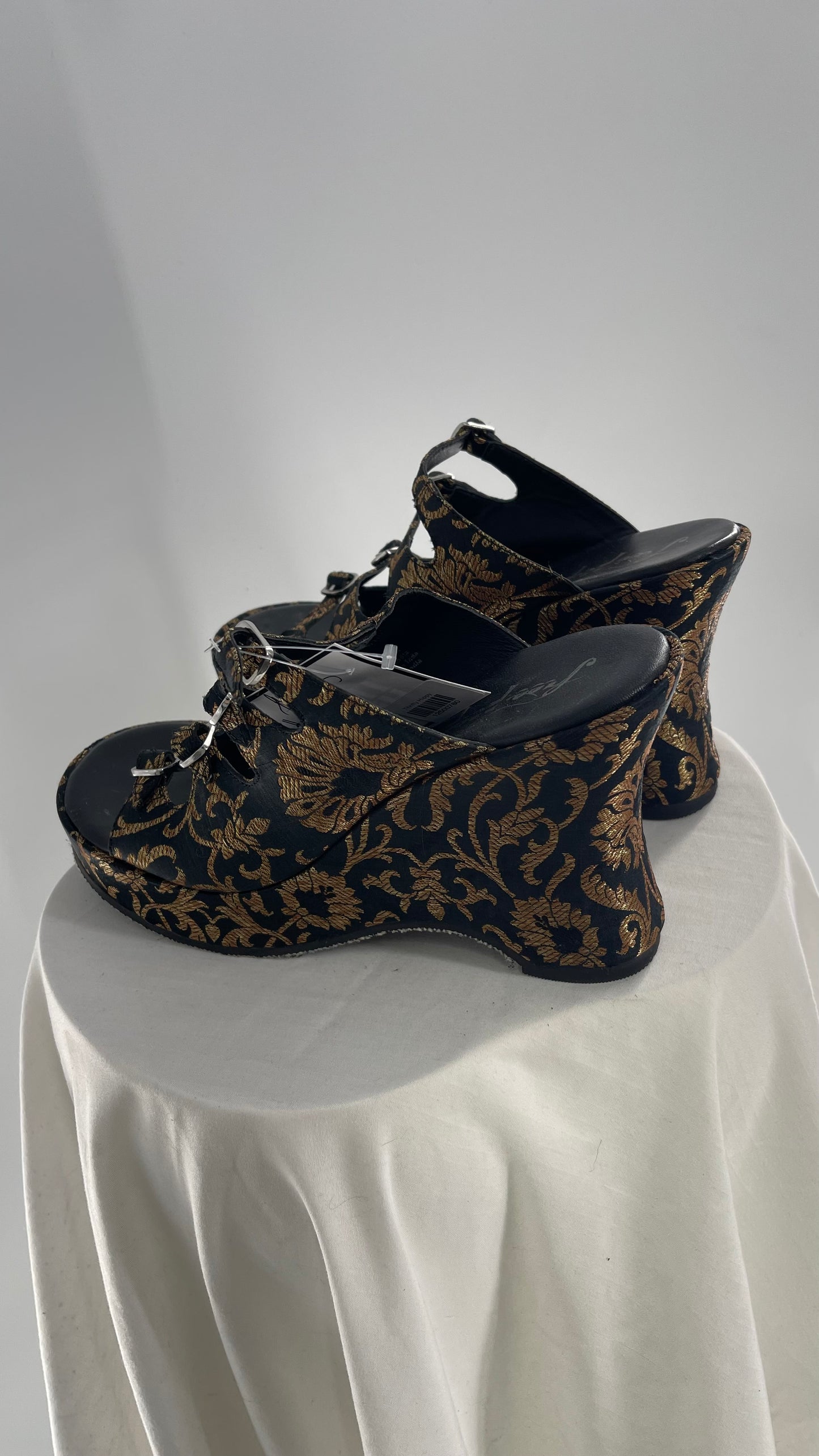 Free People Black Hoffman Buckle Front Wedge Heels with Satin Gold Paisley/Brocade Pattern (37)