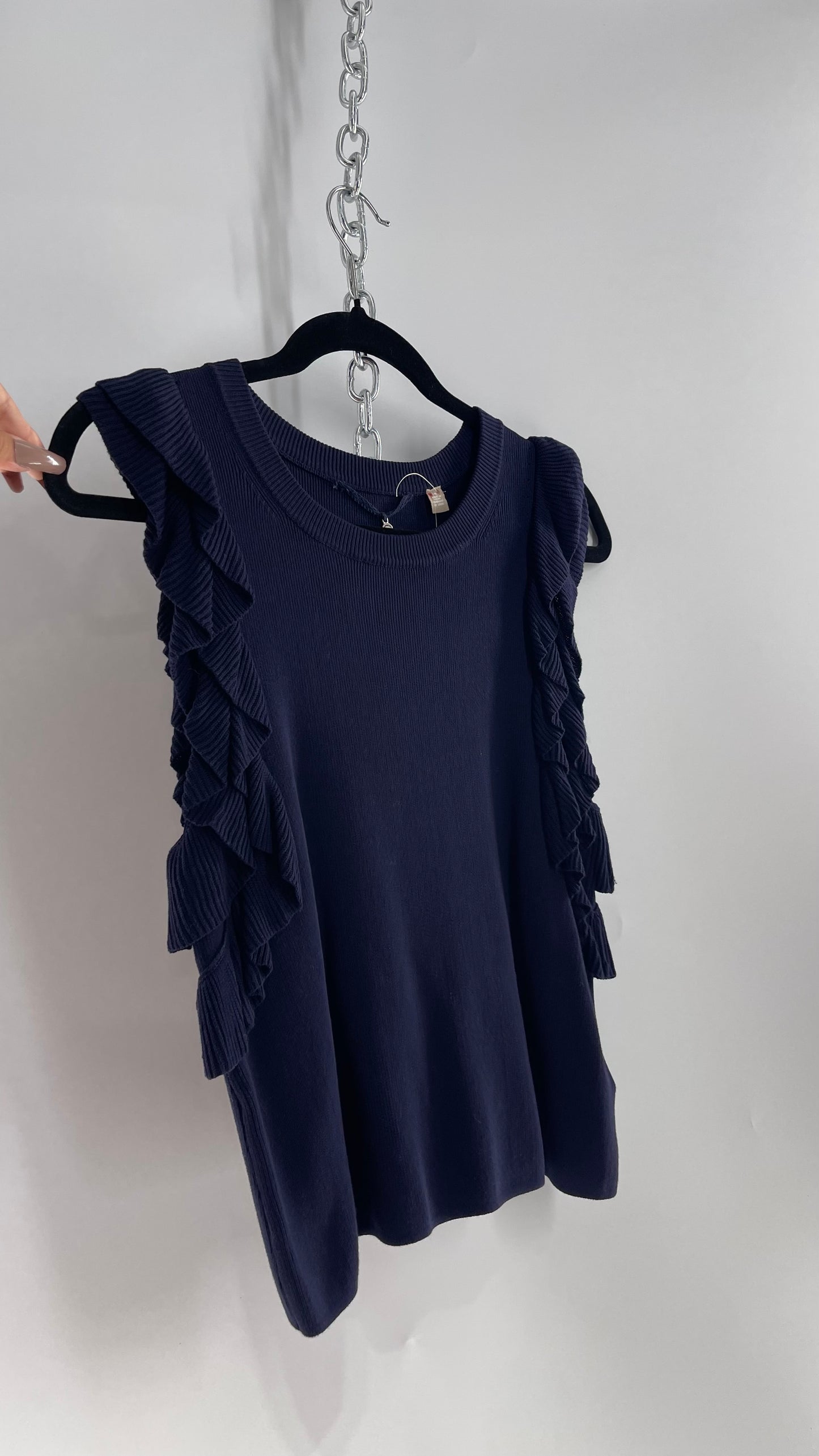 Anthropologie Knitted & Knotted Navy Ruffled Arm Sleeveless Blouse (Small)