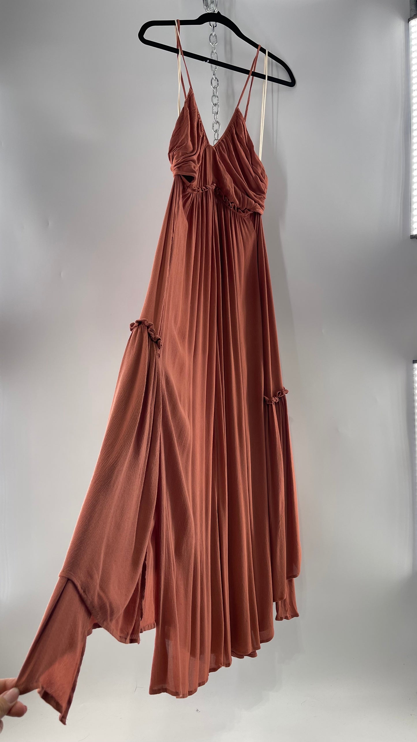 Free People Terracotta/Apricot Toned Voluminous Gown with Open Cut Out Sides and Low, Open Back (Large)