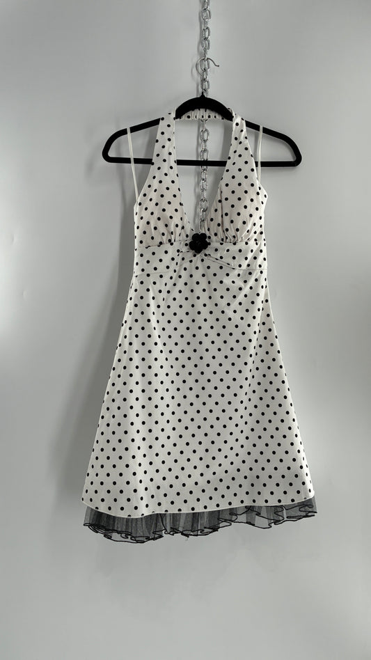Deadstock Vintage Ruby Rox Retro Style White and Black Polka Dotted Mini Dress with Tulle Trim (7)
