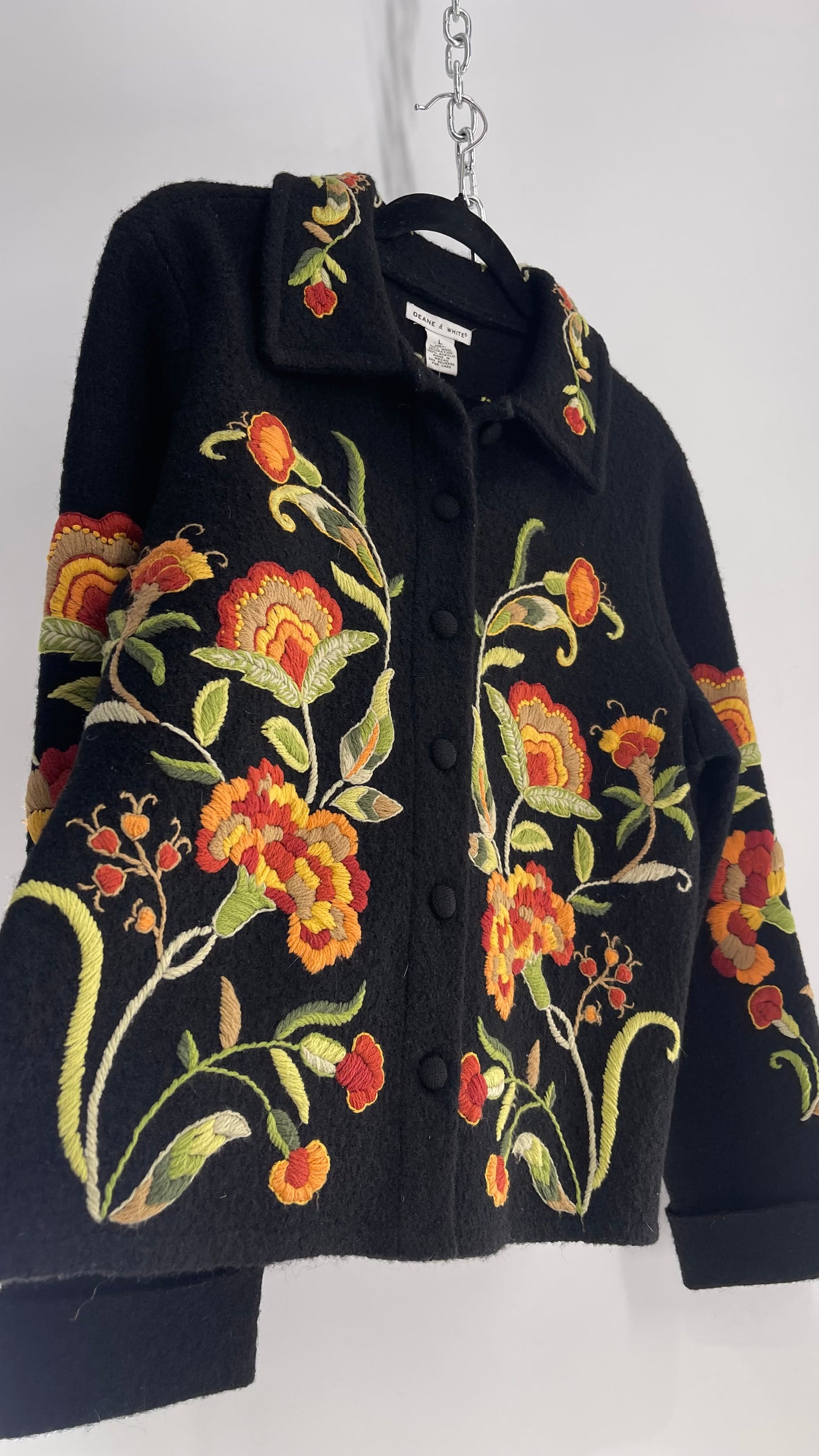 Deane & White Black 100% Wool Orange and Yellow Embroidered Flower Cardigan Jacket (Large)