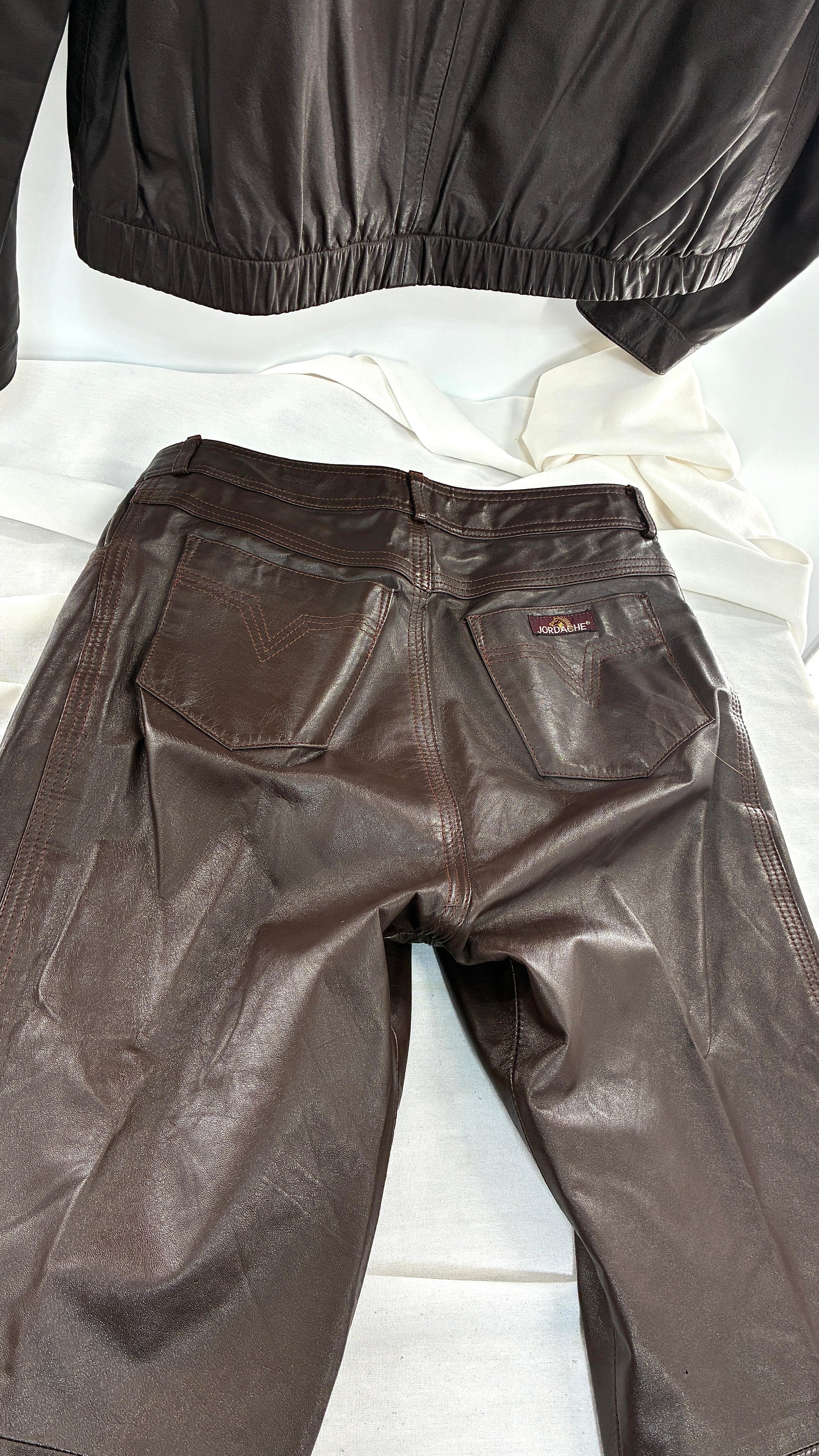 Vintage JORDACHE X CJ TODD Chocolate Brown Genuine Leather Trouser Moto Jacket Set (Small)