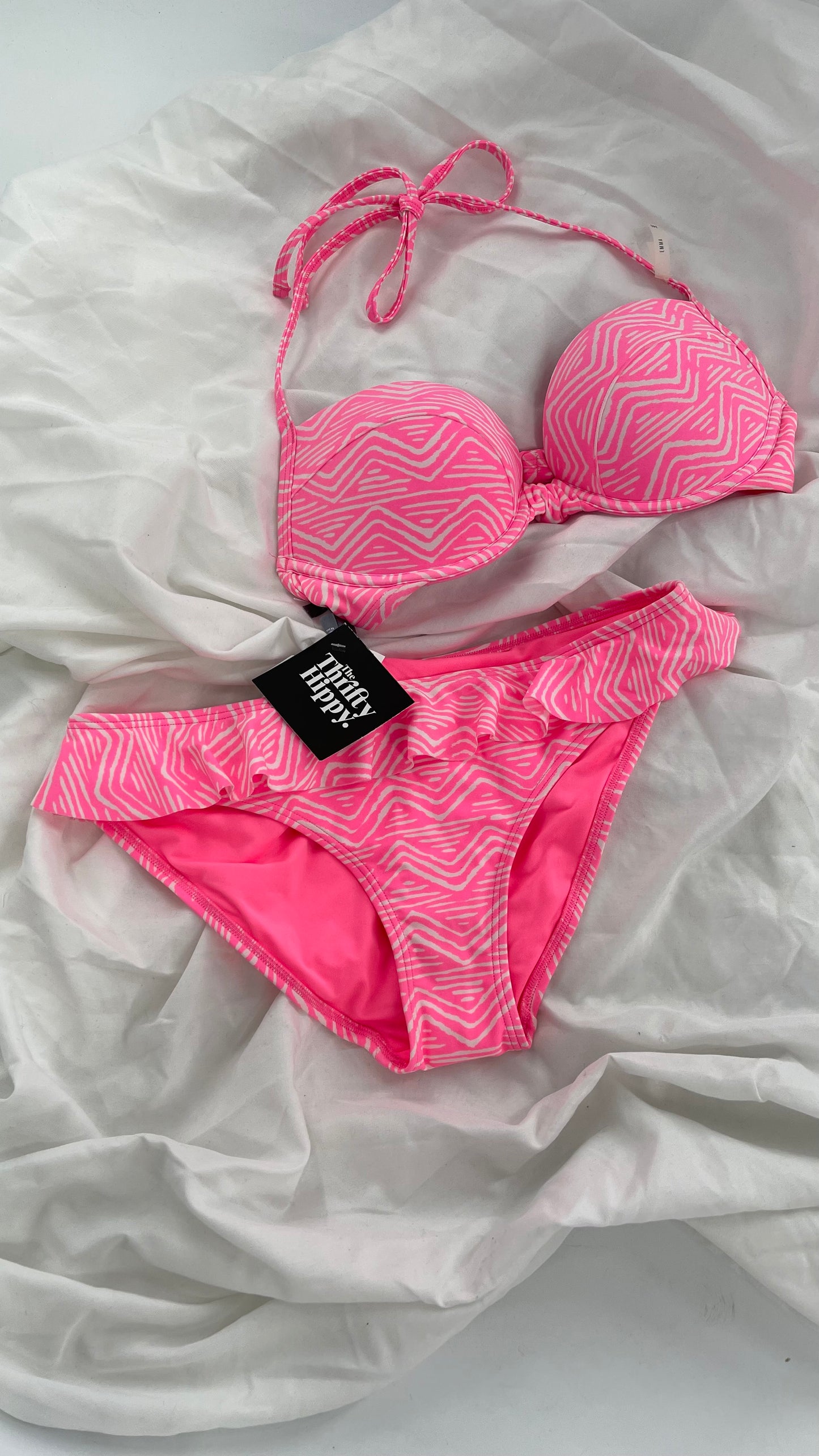 AERIE Pink Swim Set with Padded Underwire Top and Ruffled Bottoms (34C/M)
