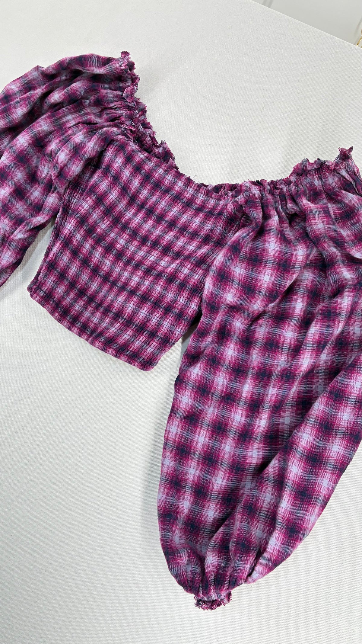 Free People Purple Plaid Bubble Sleeve Blouse with Milkmaid Bust (Small)