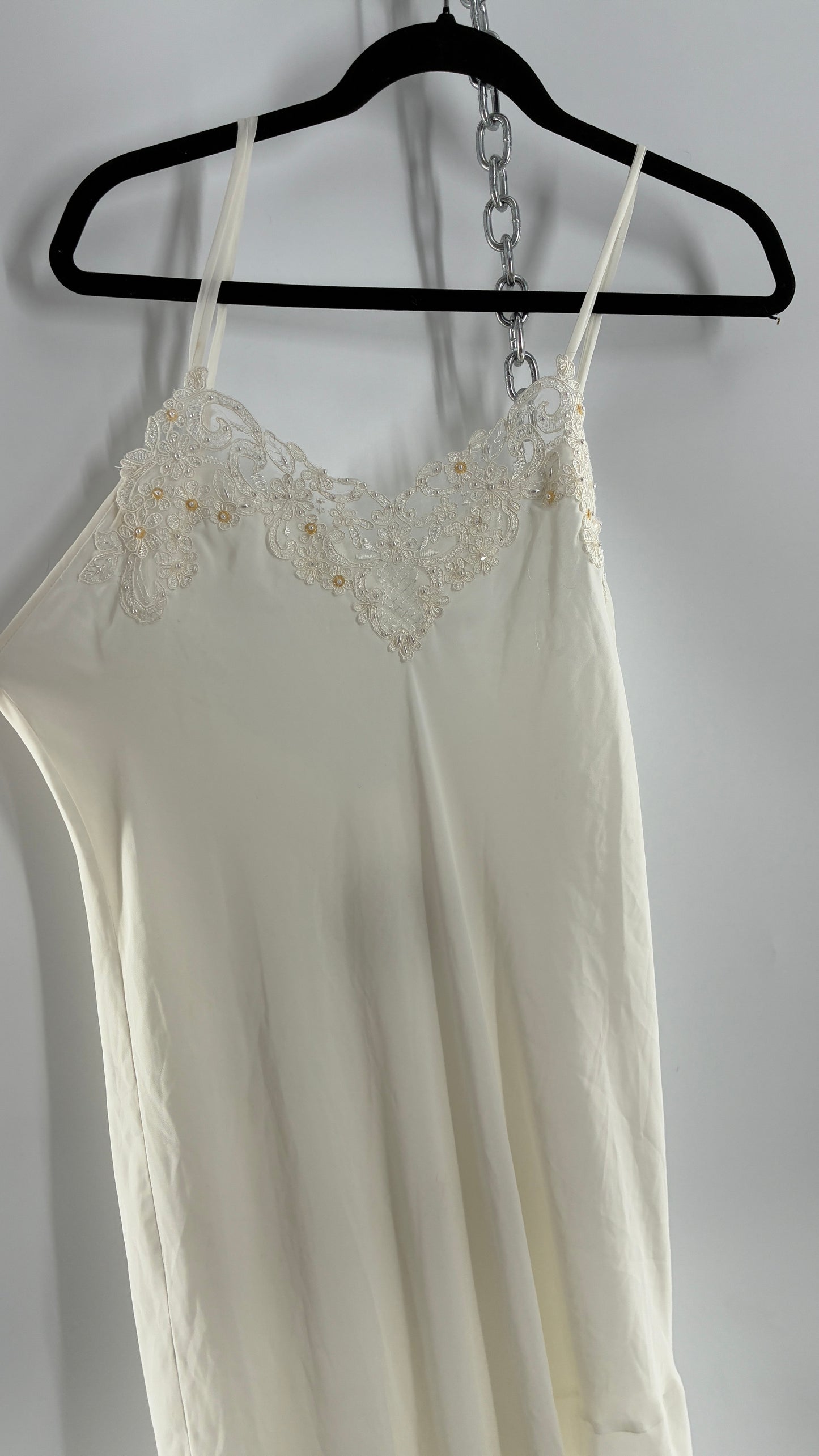 Vintage CALIFORNIA DYNASTY Ivory Maxi Slip Nightgown Dress with Sequin Neckline and Handkerchief Hem (Large)