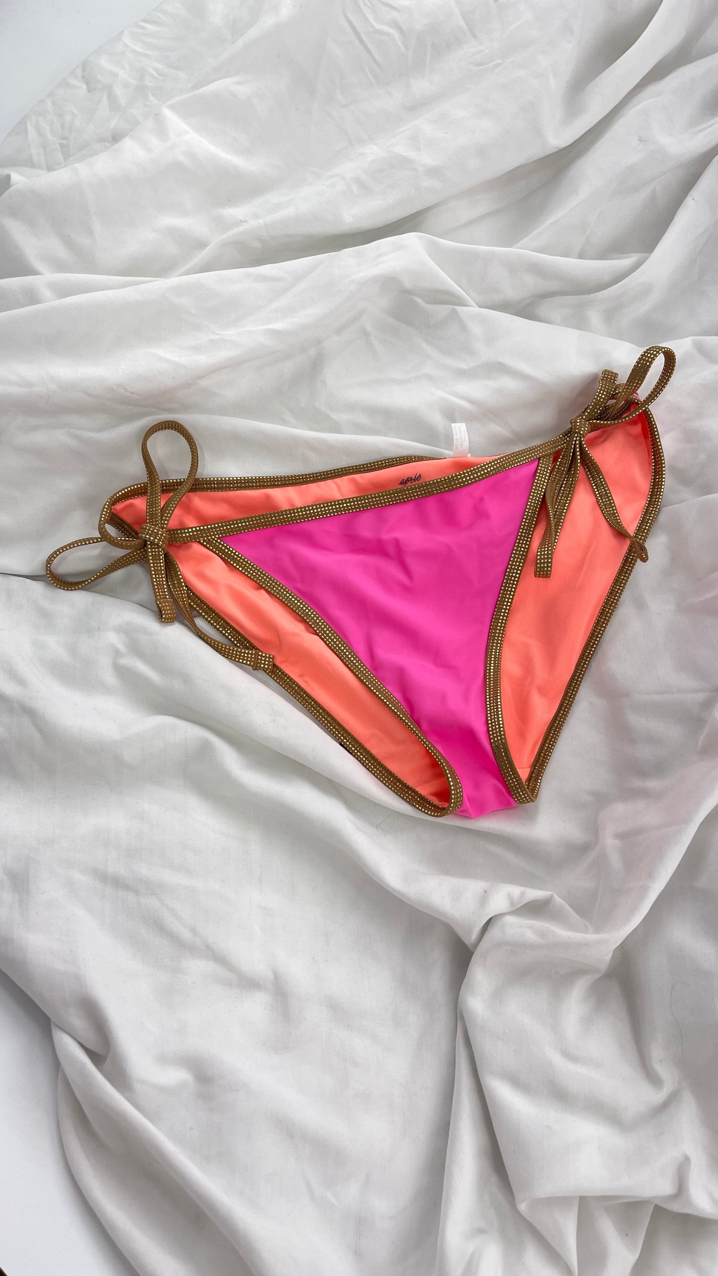 Deadstock Vintage Aerie Neon Pink and Orange Reversible Bikini Bottoms with Gold Metallic Trim (Large)